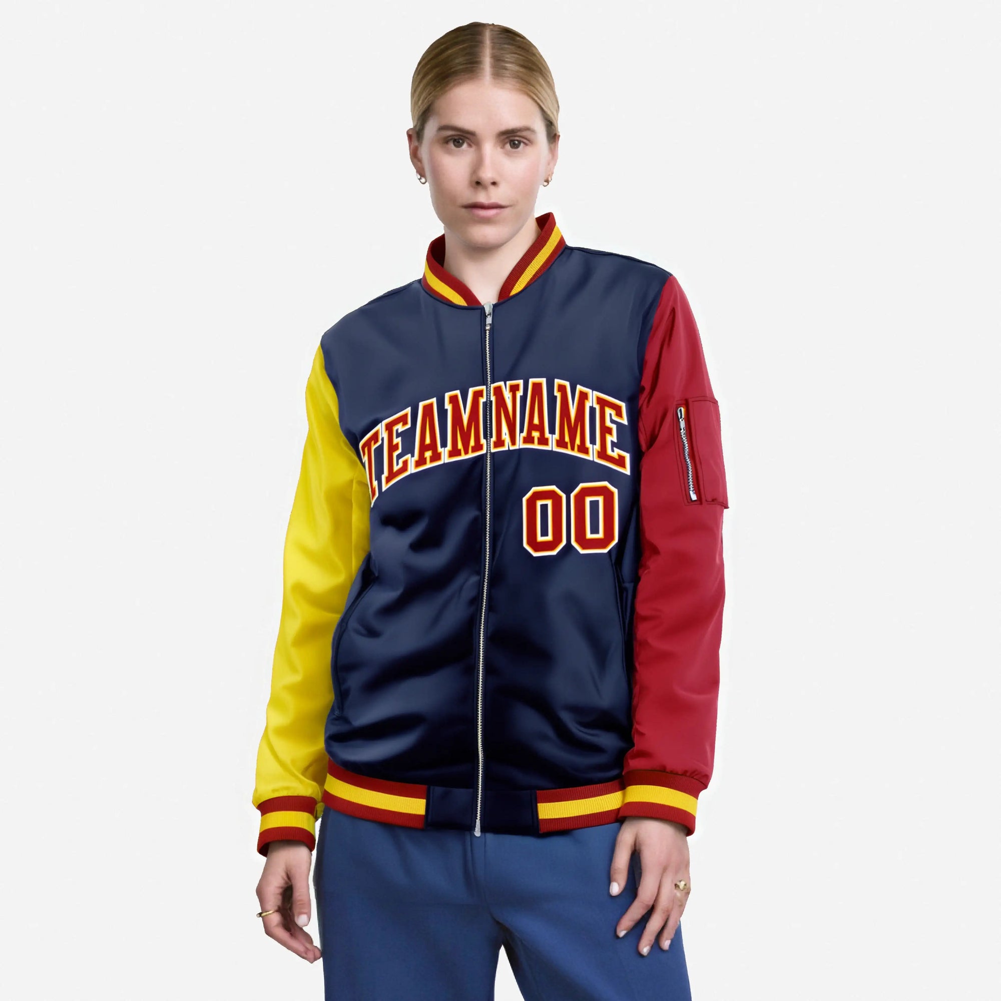 Custom Navy Blue Red-Gold Varsity Full-Zip Raglan Sleeves Letterman Bomber Jacket