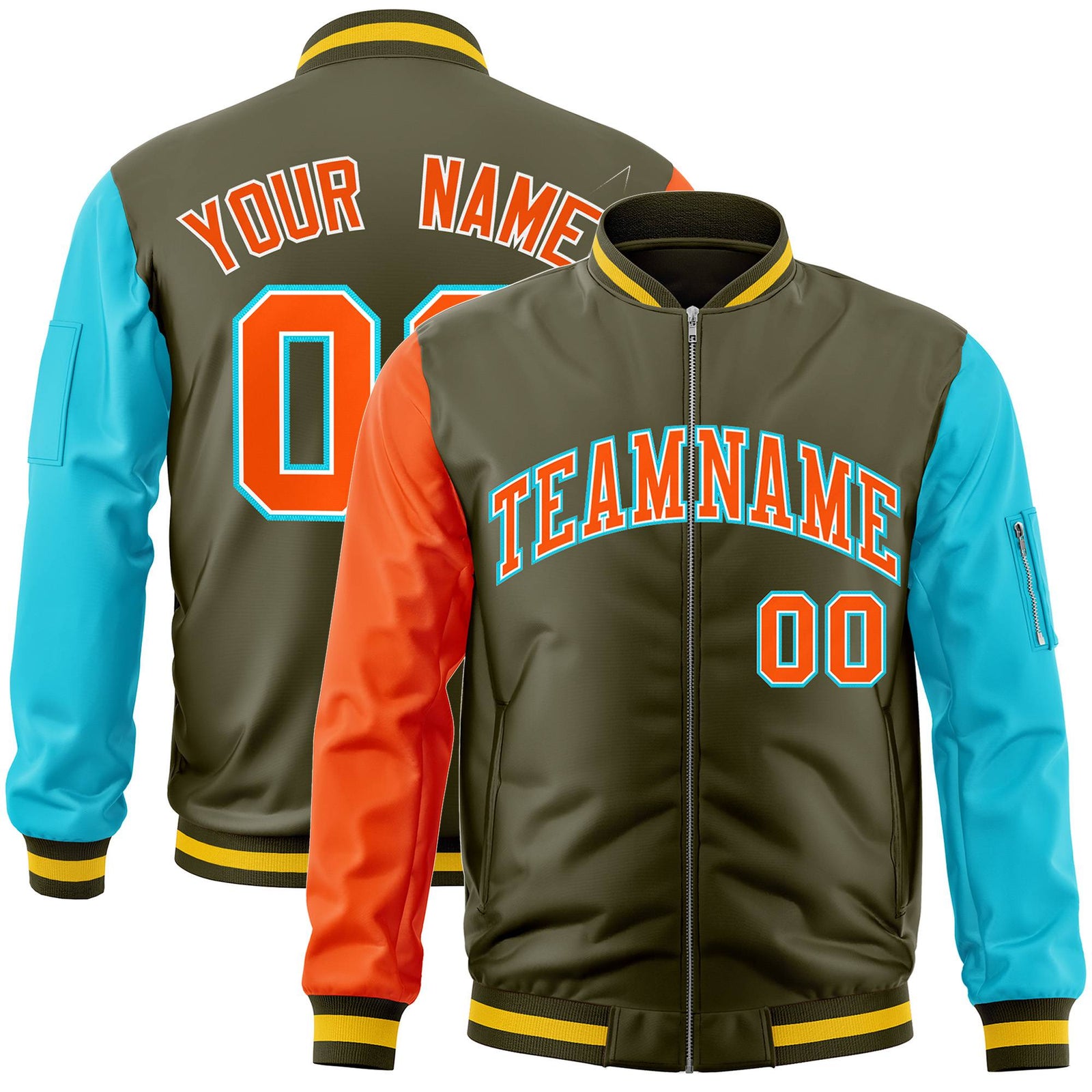 Custom Olive Aqua-Orange Varsity Full-Zip Raglan Sleeves Letterman Bomber Jacket