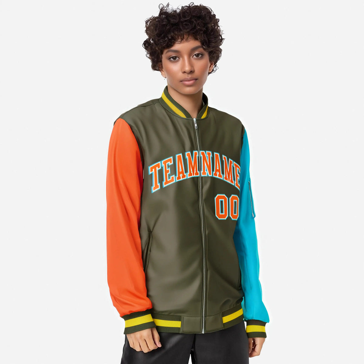 Custom Olive Aqua-Orange Varsity Full-Zip Raglan Sleeves Letterman Bomber Jacket