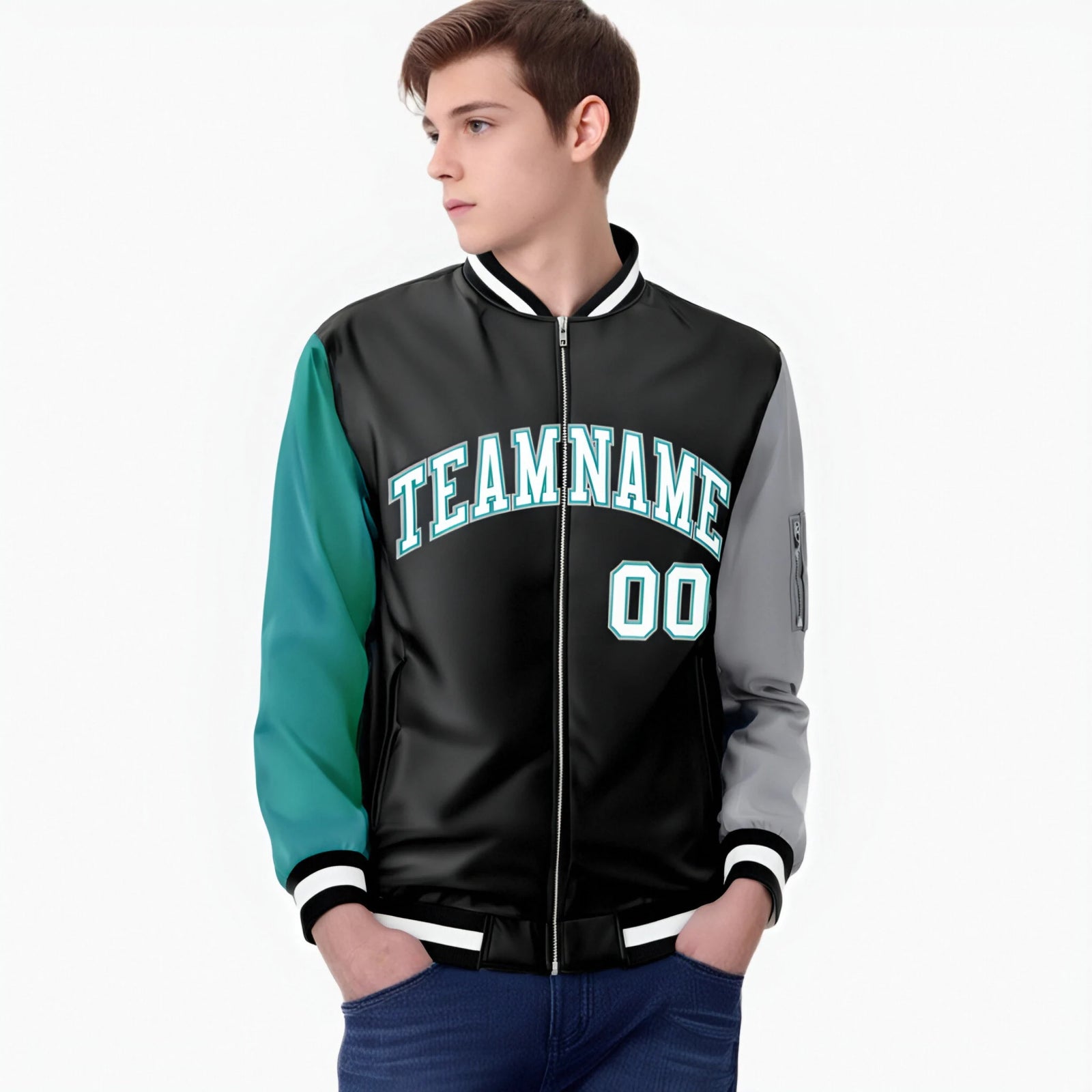 Custom Black Gray-Aqua Varsity Full-Zip Raglan Sleeves Letterman Bomber Jacket