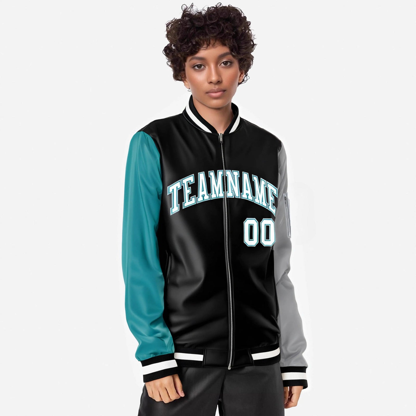 Custom Black Gray-Aqua Varsity Full-Zip Raglan Sleeves Letterman Bomber Jacket