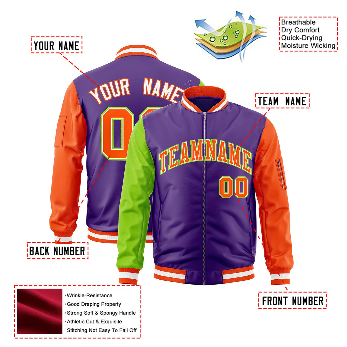 Custom Purple Orange-Neon Green Varsity Full-Zip Raglan Sleeves Letterman Bomber Jacket
