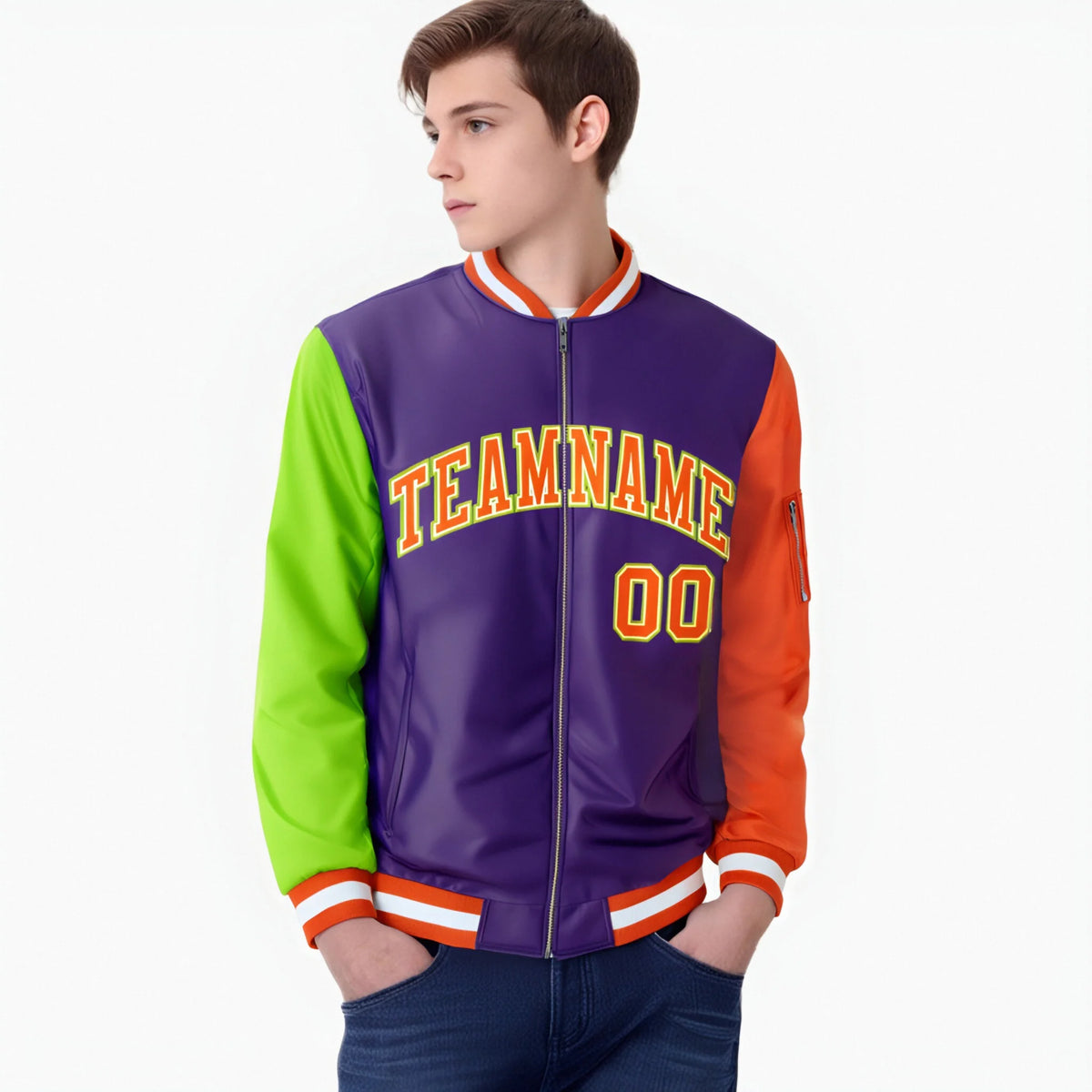 Custom Purple Orange-Neon Green Varsity Full-Zip Raglan Sleeves Letterman Bomber Jacket