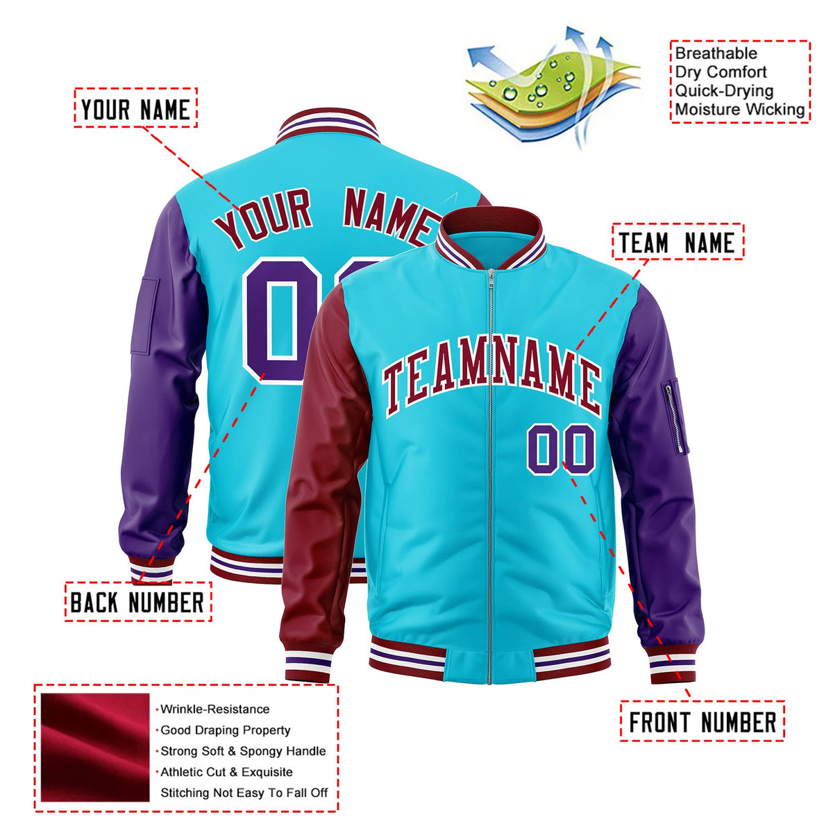 Custom Aqua Purple-Crimson Varsity Full-Zip Raglan Sleeves Letterman Bomber Jacket