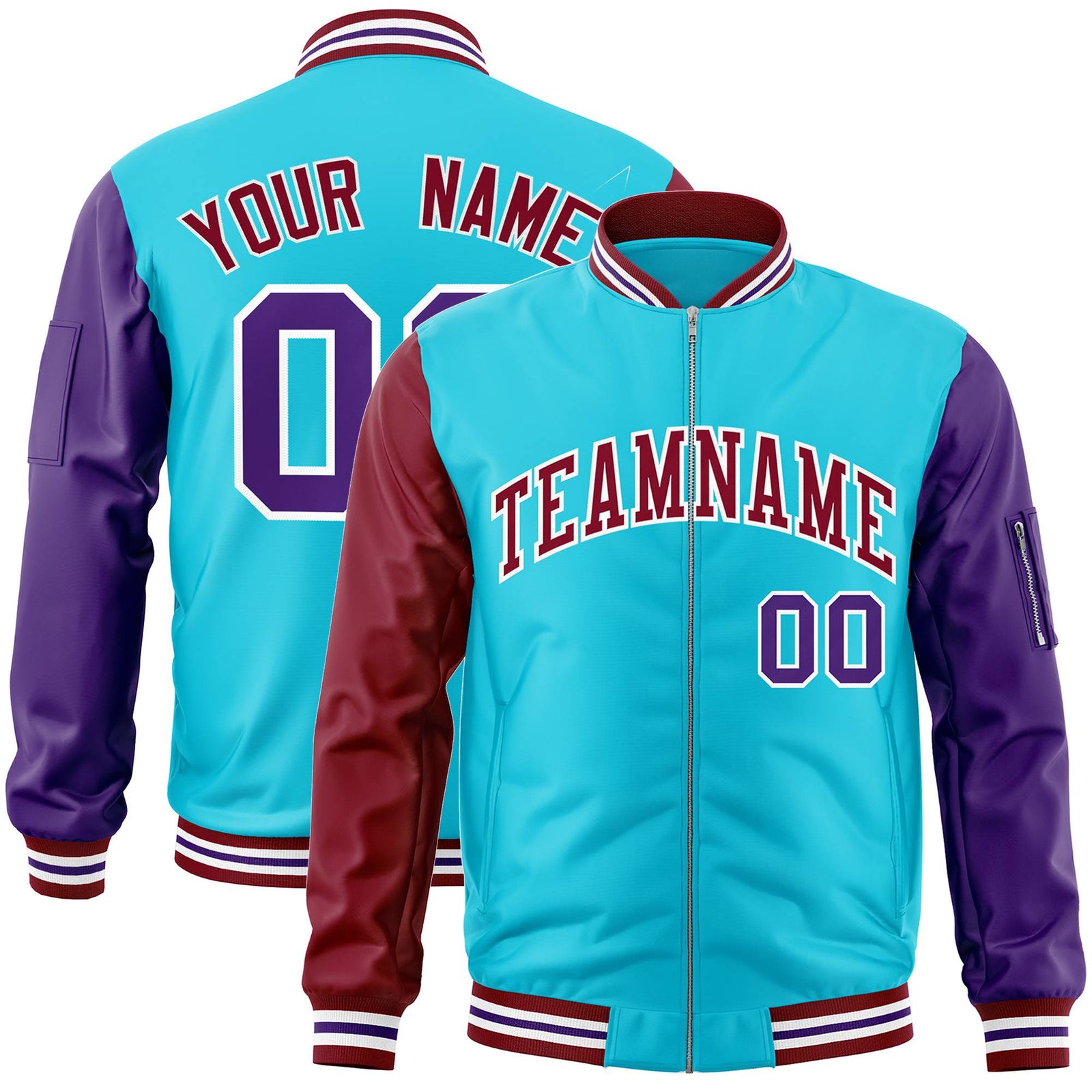 Custom Aqua Purple-Crimson Varsity Full-Zip Raglan Sleeves Letterman Bomber Jacket
