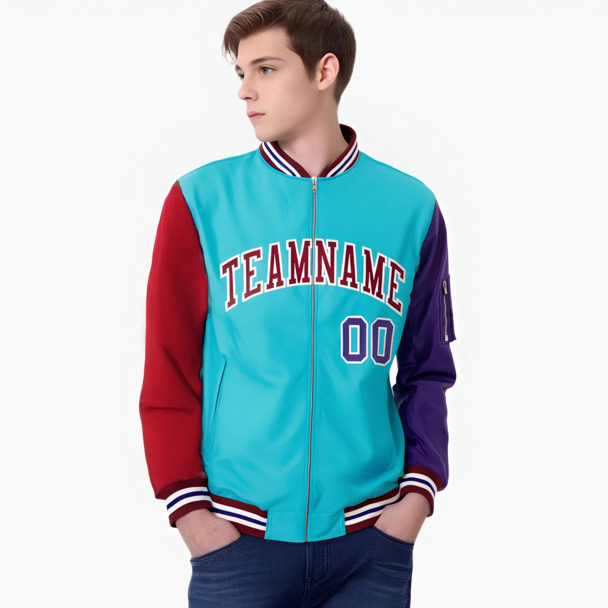 Custom Aqua Purple-Crimson Varsity Full-Zip Raglan Sleeves Letterman Bomber Jacket