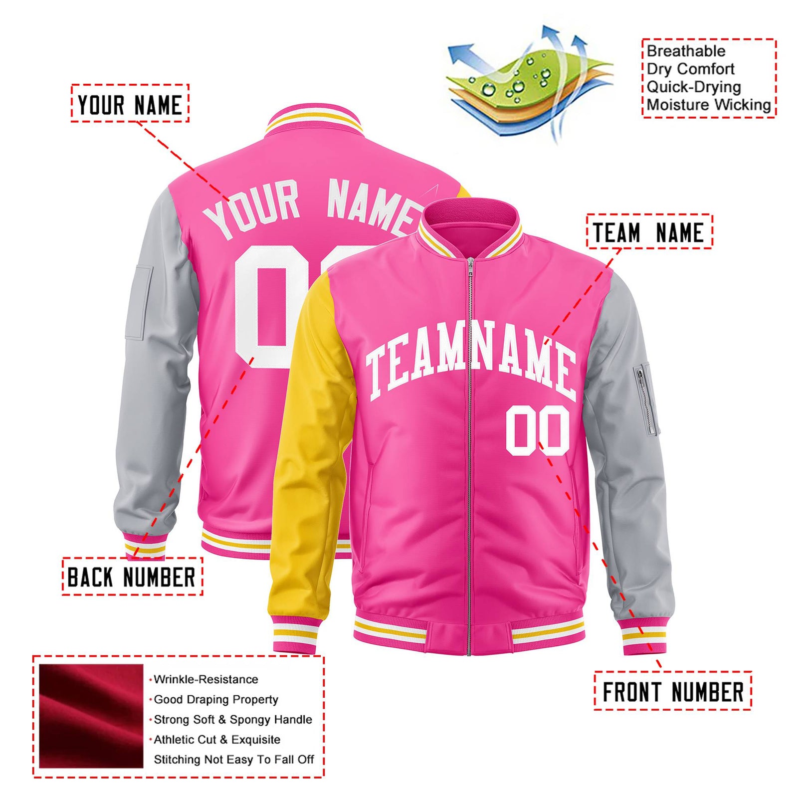 Custom Pink Gray-Gold Varsity Full-Zip Raglan Sleeves Letterman Bomber Jacket