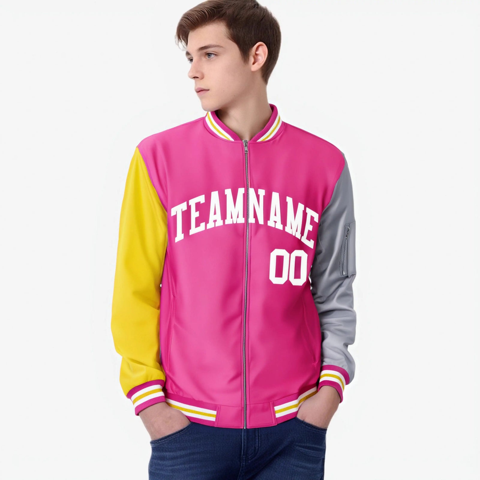 Custom Pink Gray-Gold Varsity Full-Zip Raglan Sleeves Letterman Bomber Jacket