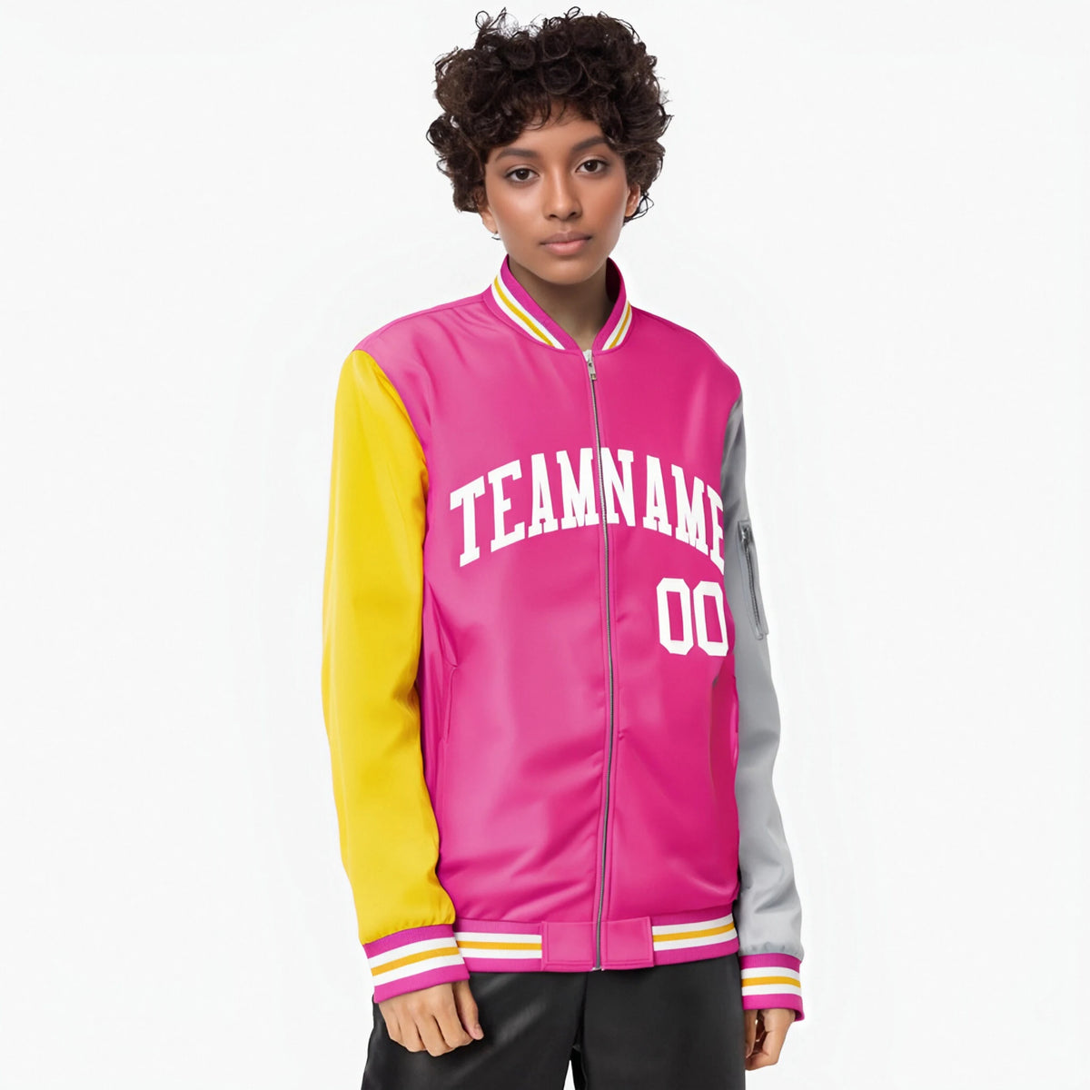 Custom Pink Gray-Gold Varsity Full-Zip Raglan Sleeves Letterman Bomber Jacket