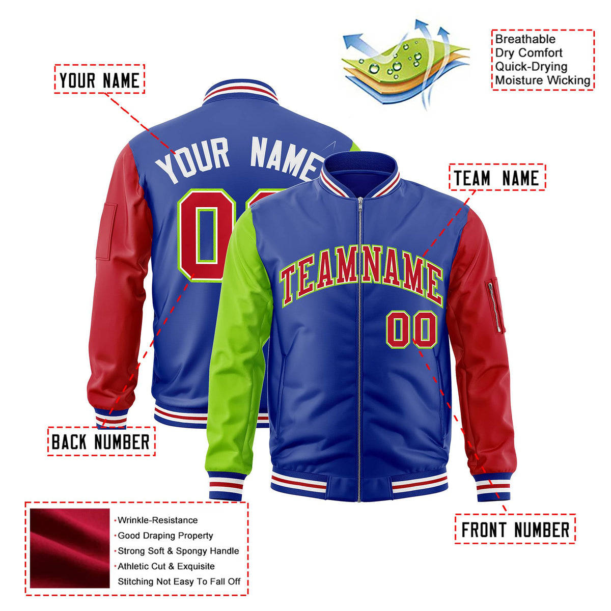 Custom Royal Blue Red-Neon Green Varsity Full-Zip Raglan Sleeves Letterman Bomber Jacket