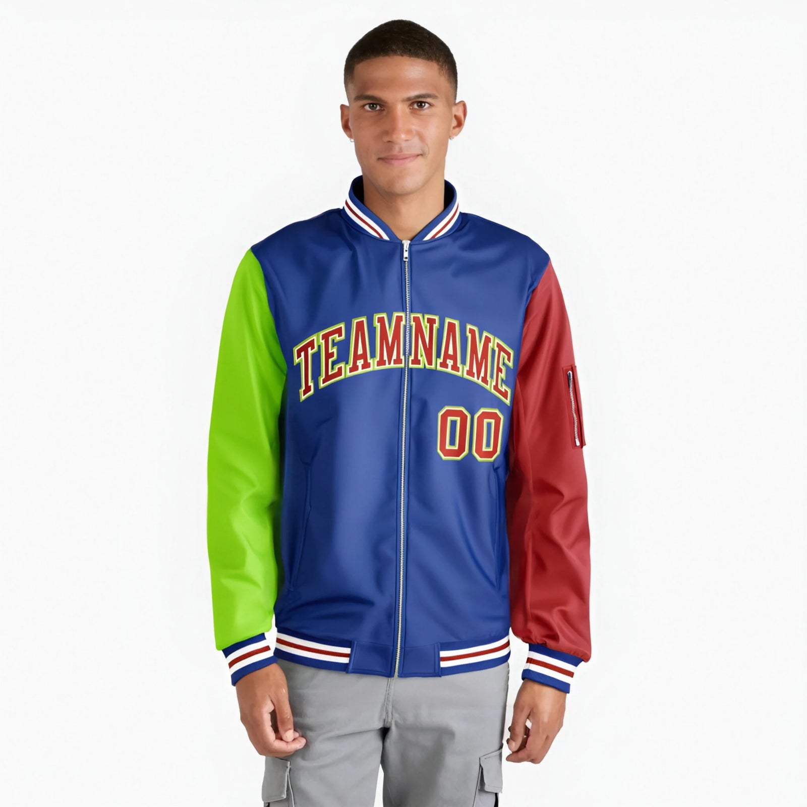 Custom Royal Blue Red-Neon Green Varsity Full-Zip Raglan Sleeves Letterman Bomber Jacket