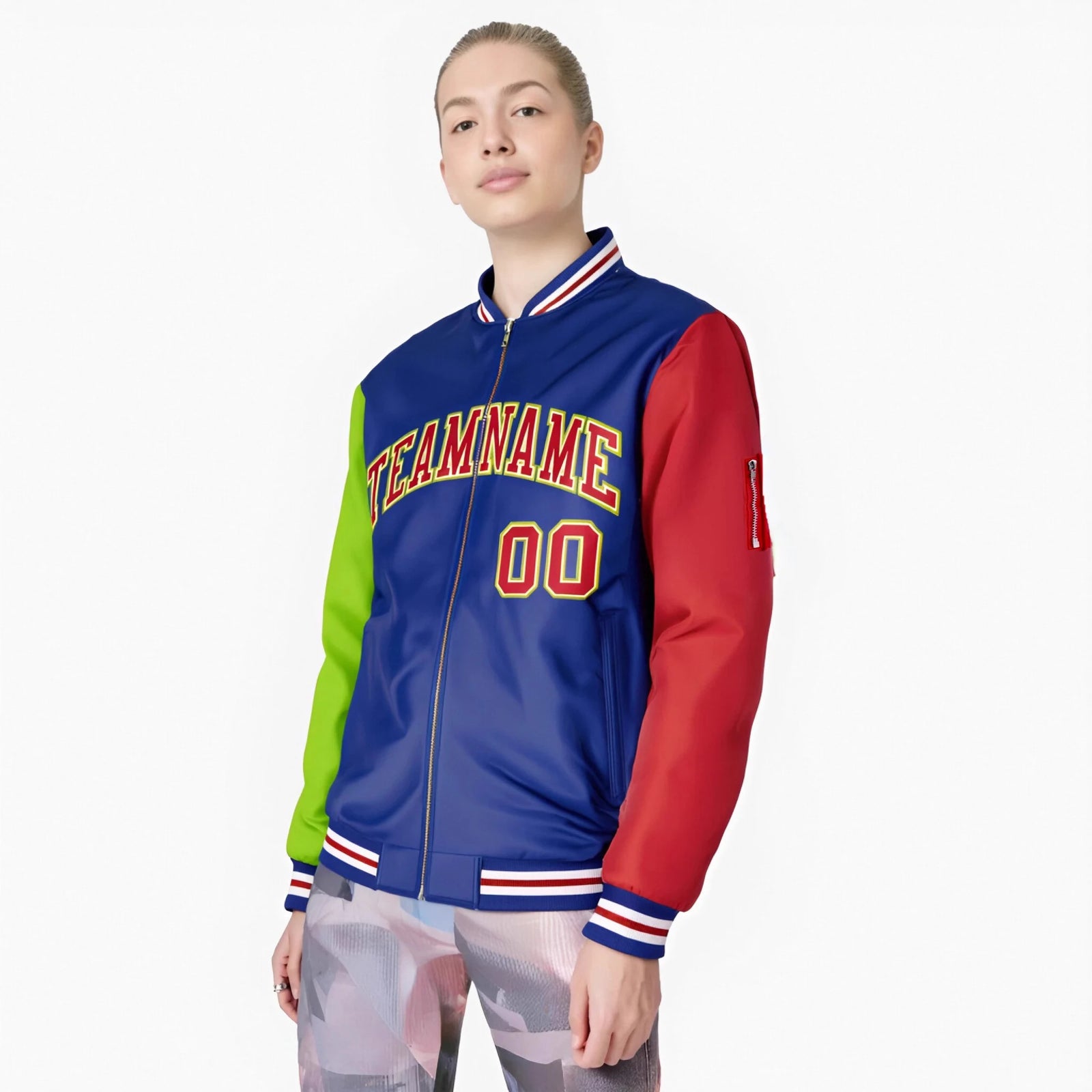 Custom Royal Blue Red-Neon Green Varsity Full-Zip Raglan Sleeves Letterman Bomber Jacket