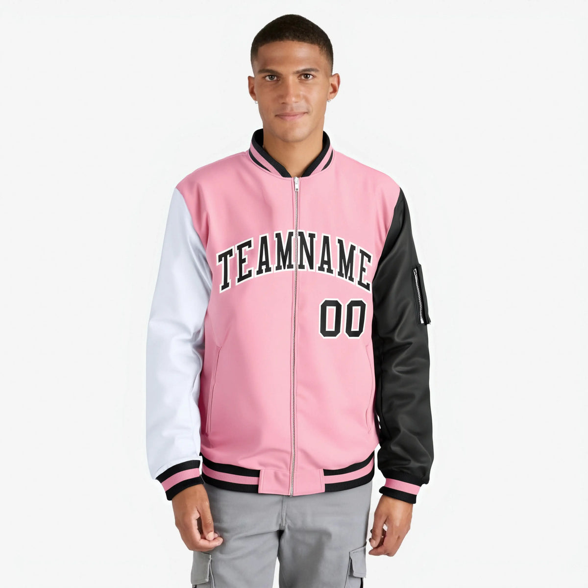 Custom Light Pink Black-White Varsity Full-Zip Raglan Sleeves Letterman Bomber Jacket