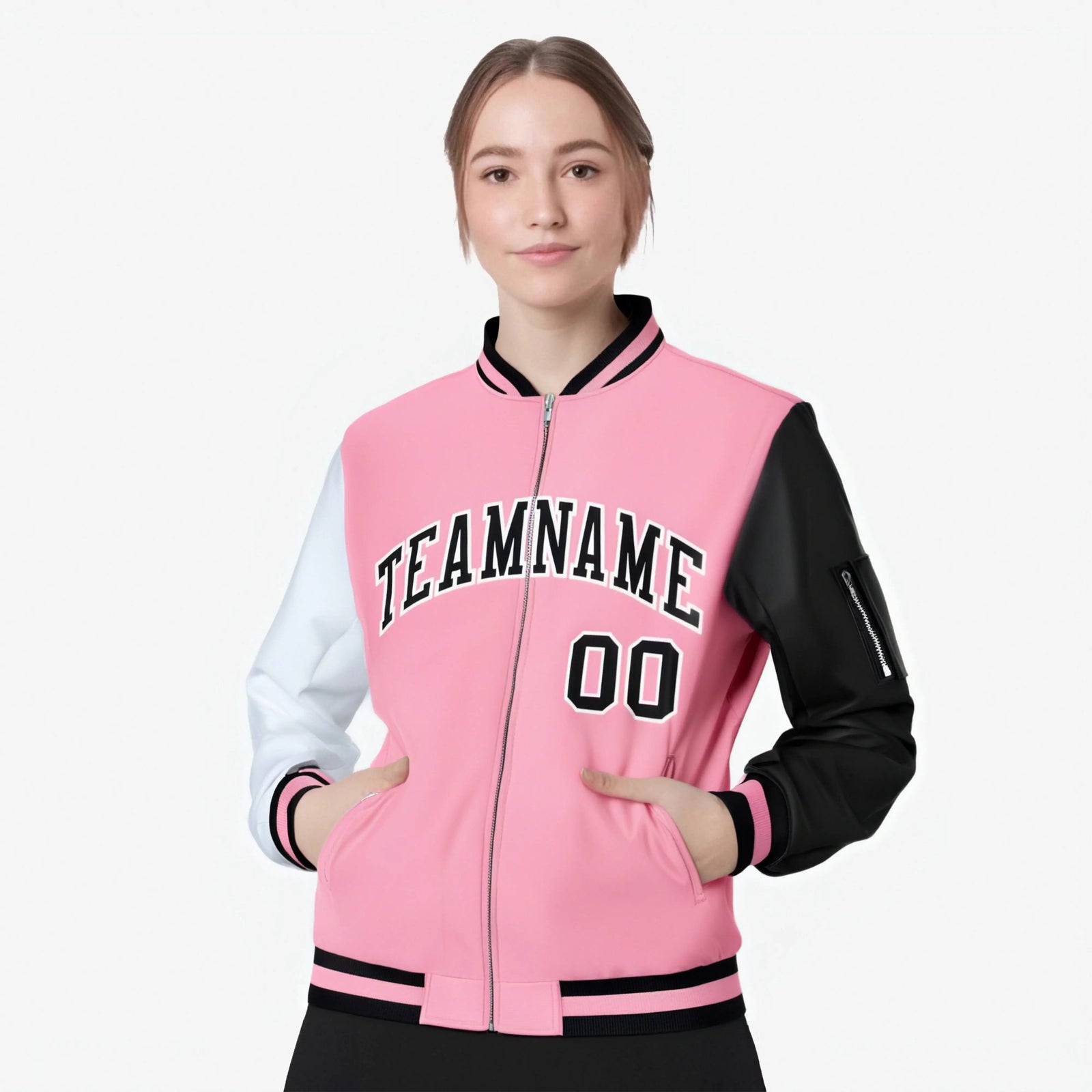 Custom Light Pink Black-White Varsity Full-Zip Raglan Sleeves Letterman Bomber Jacket