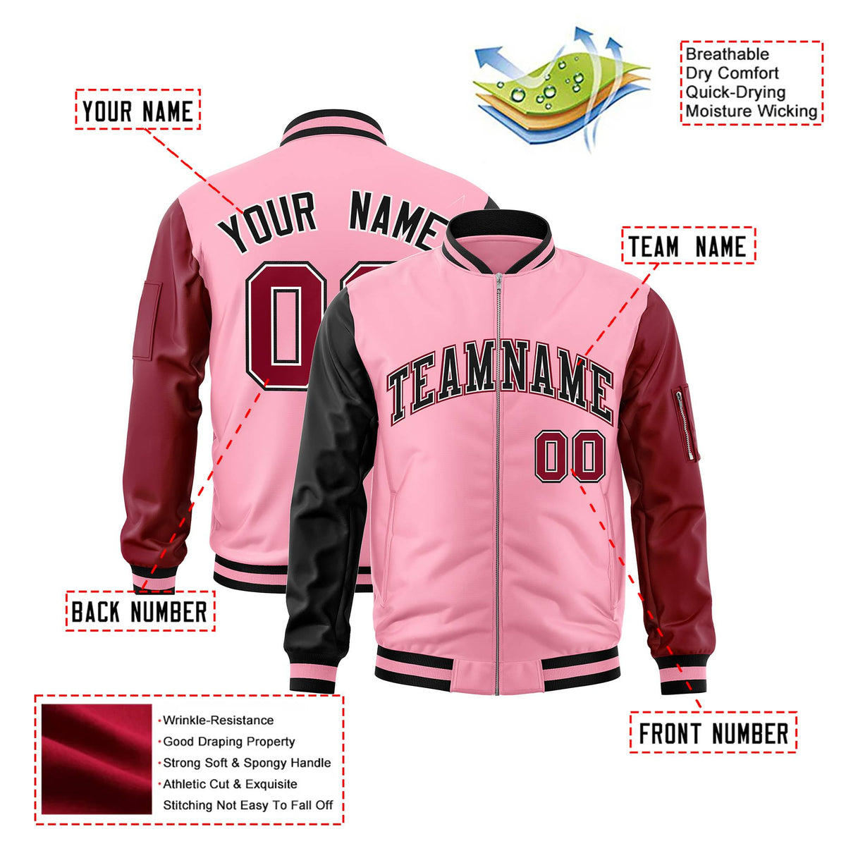 Custom Light Pink Crimson-Black Varsity Full-Zip Raglan Sleeves Letterman Bomber Jacket