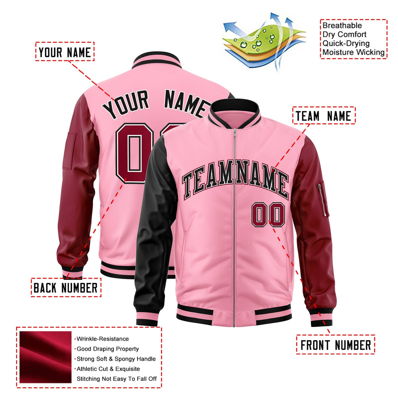 Custom Light Pink Crimson-Black Varsity Full-Zip Raglan Sleeves Letterman Bomber Jacket