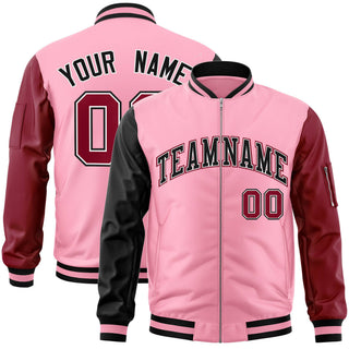 Custom Light Pink Crimson-Black Varsity Full-Zip Raglan Sleeves Letterman Bomber Jacket - Style 1