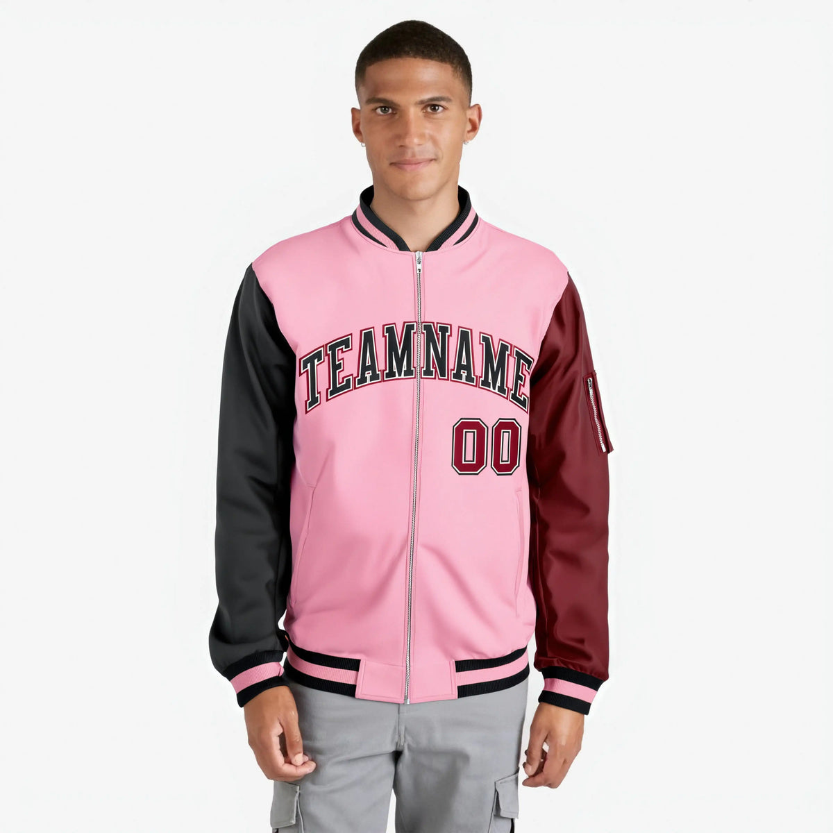 Custom Light Pink Crimson-Black Varsity Full-Zip Raglan Sleeves Letterman Bomber Jacket