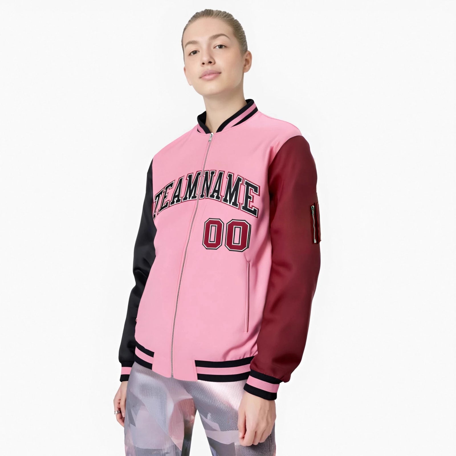 Custom Light Pink Crimson-Black Varsity Full-Zip Raglan Sleeves Letterman Bomber Jacket