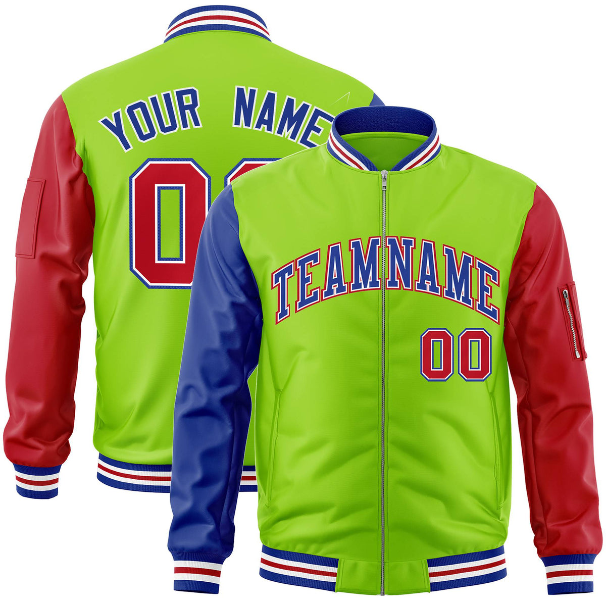 Custom Neon Green Red-Royal Blue Varsity Full-Zip Raglan Sleeves Letterman Bomber Jacket