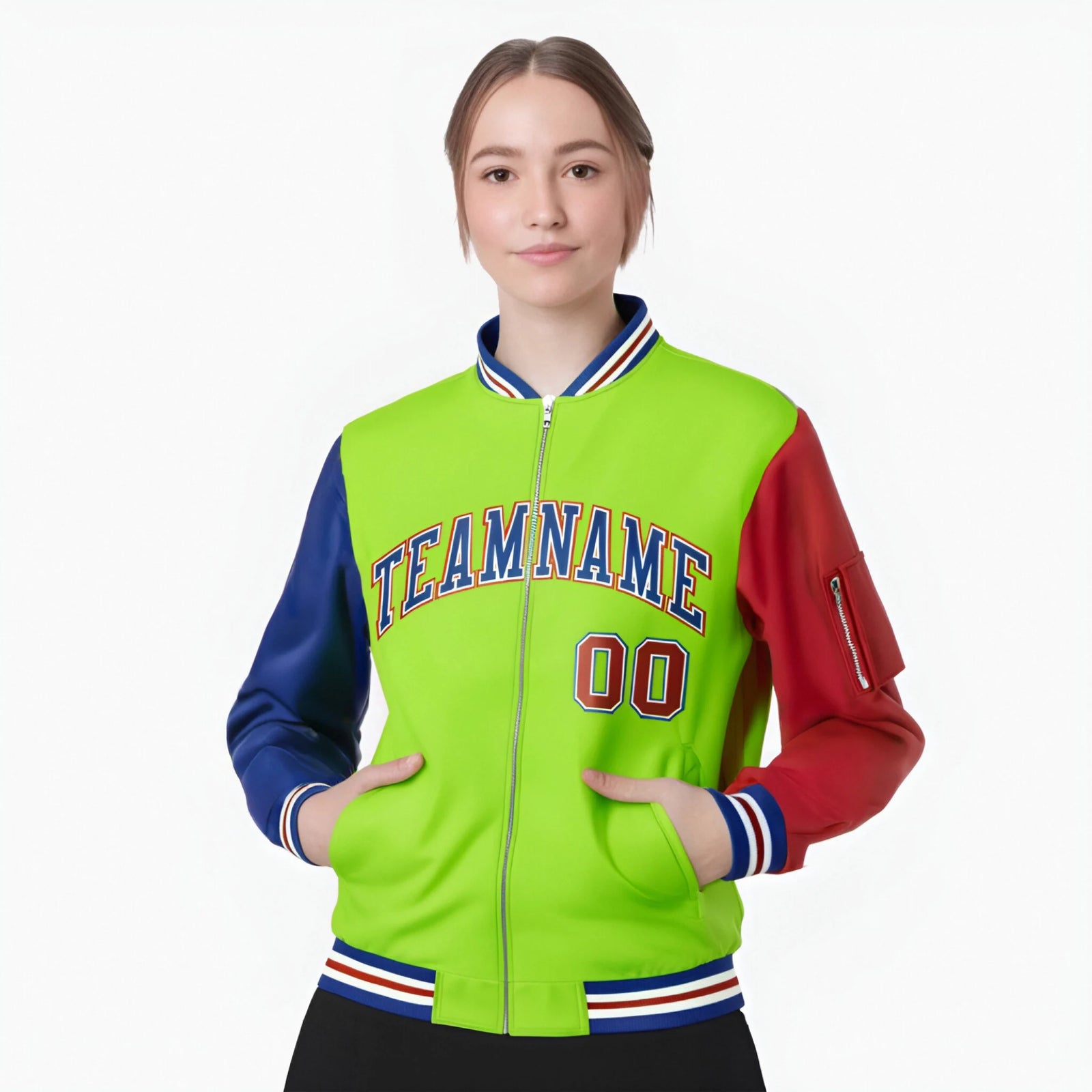 Custom Neon Green Red-Royal Blue Varsity Full-Zip Raglan Sleeves Letterman Bomber Jacket