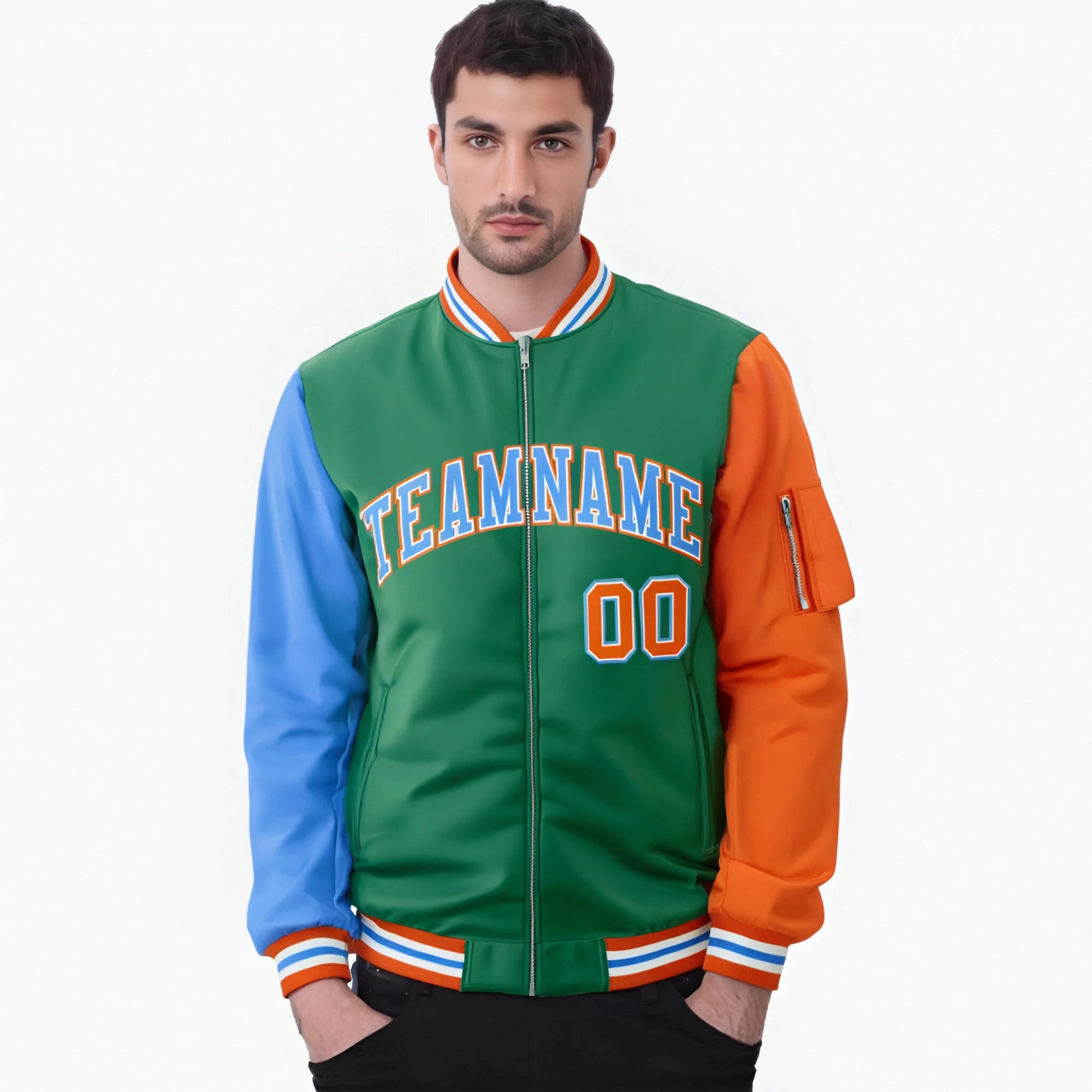 Custom Green Orange-Powder Blue Varsity Full-Zip Raglan Sleeves Letterman Bomber Jacket