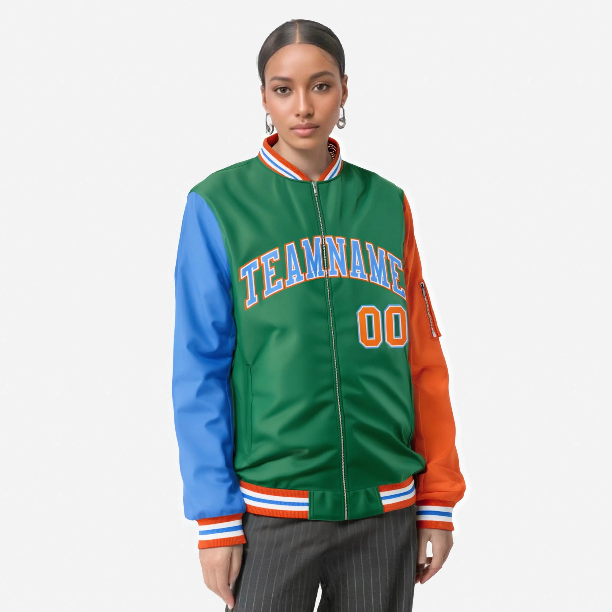 Custom Green Orange-Powder Blue Varsity Full-Zip Raglan Sleeves Letterman Bomber Jacket