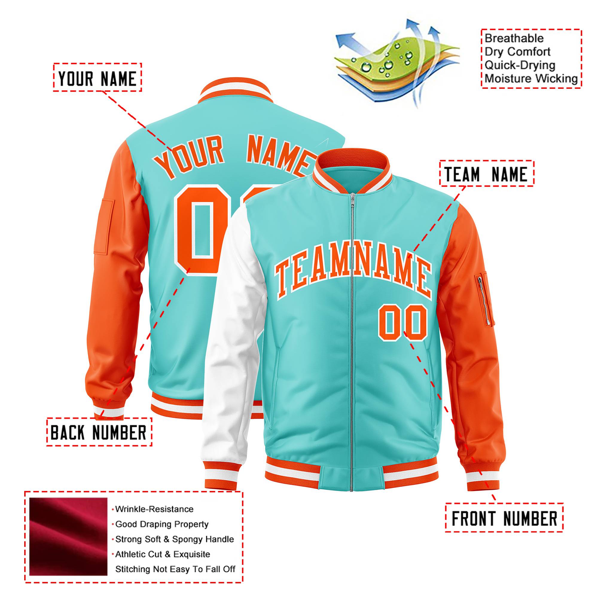 Custom Aqua Orange-White Varsity Full-Zip Raglan Sleeves Letterman Bomber Jacket