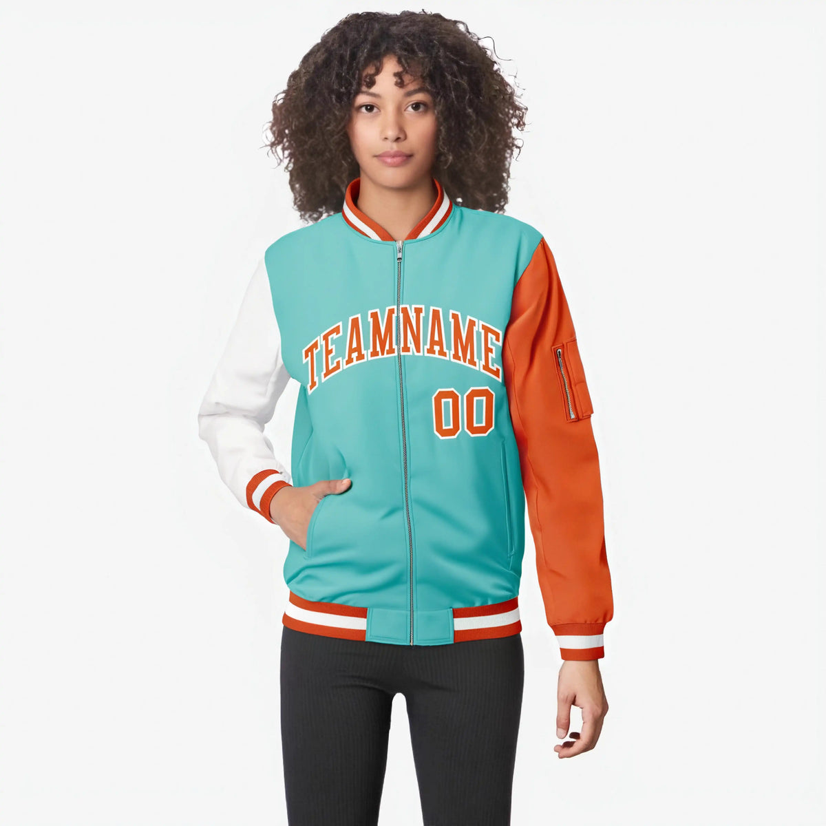 Custom Aqua Orange-White Varsity Full-Zip Raglan Sleeves Letterman Bomber Jacket