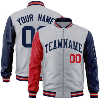 Chaqueta bomber universitaria personalizada en gris, azul marino y rojo con mangas raglán y cremallera completa - Estilo 1