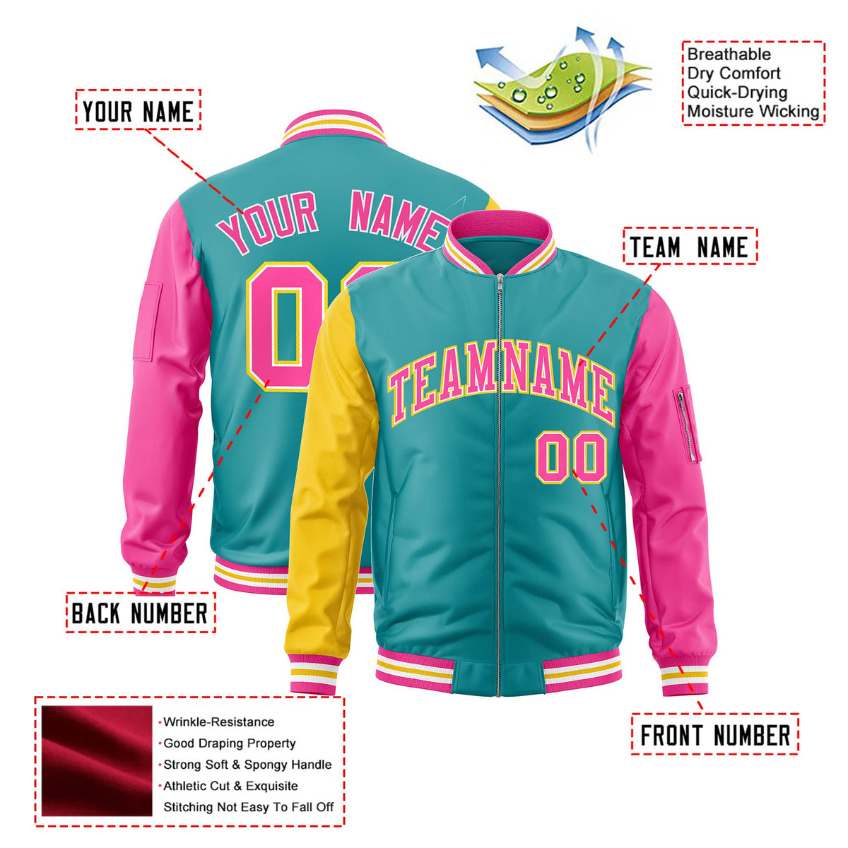 Custom Aqua Pink-Gold Varsity Full-Zip Raglan Sleeves Letterman Bomber Jacket