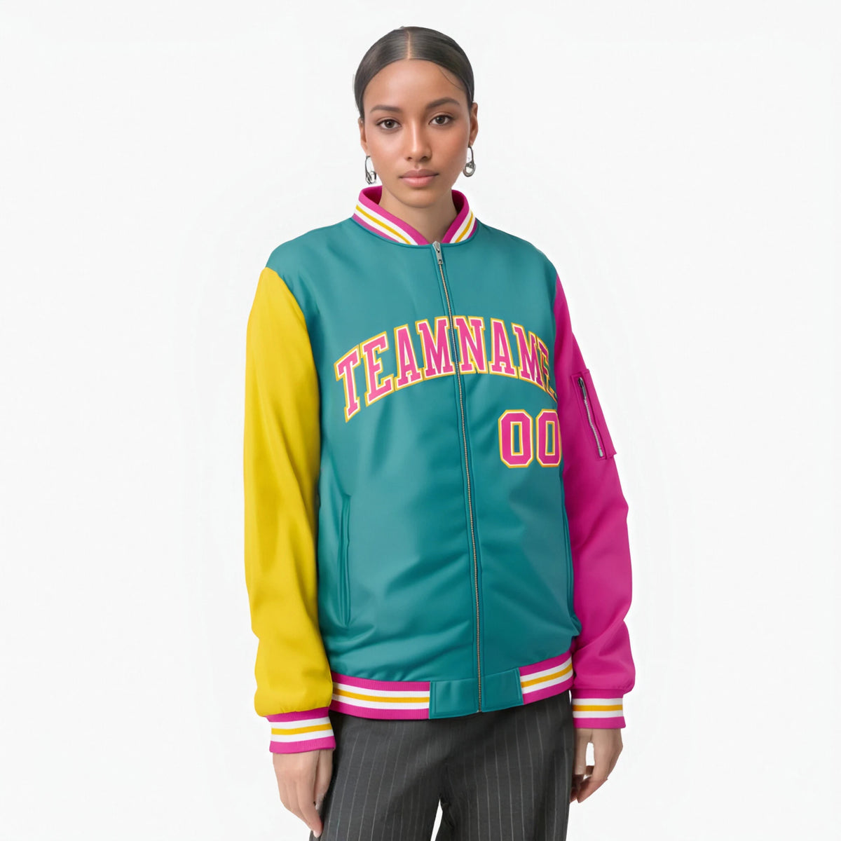 Custom Aqua Pink-Gold Varsity Full-Zip Raglan Sleeves Letterman Bomber Jacket