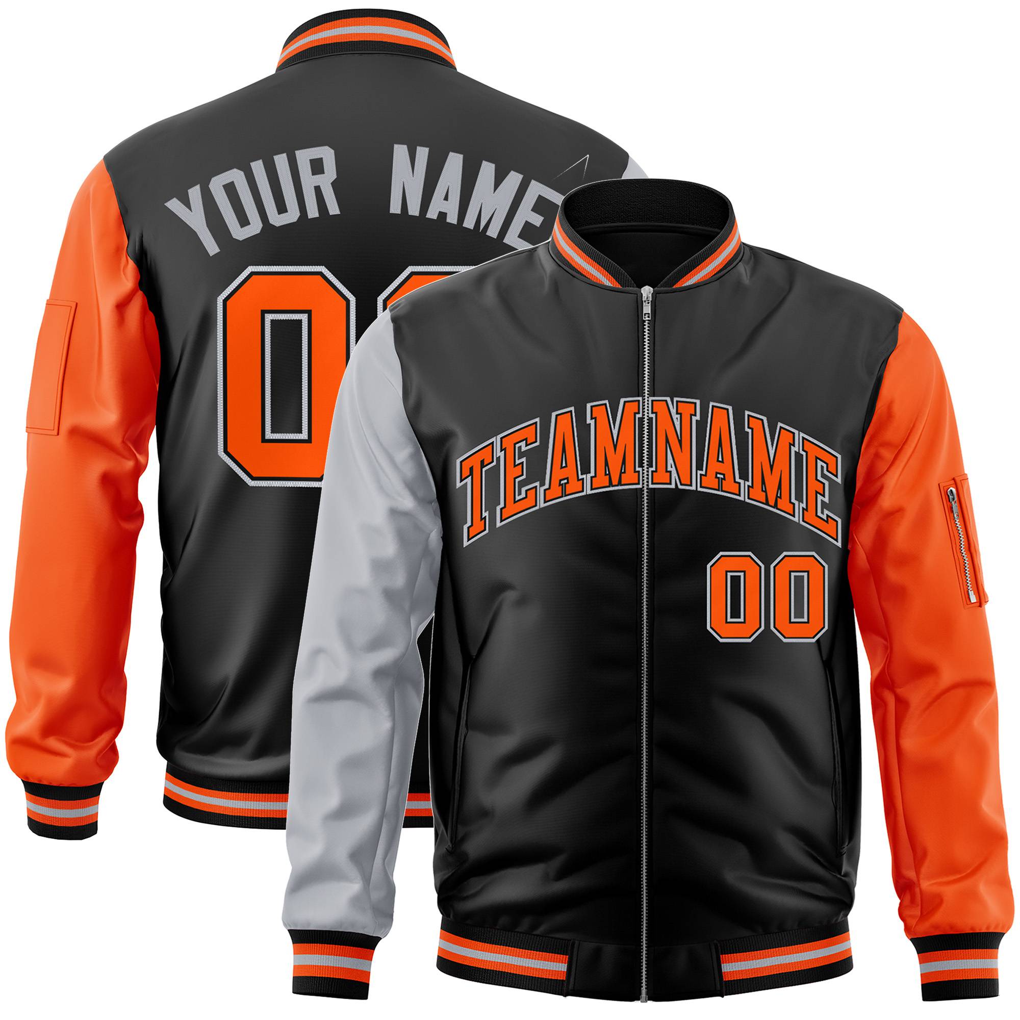 Custom Black Orange-Gray Varsity Full-Zip Raglan Sleeves Letterman Bomber Jacket