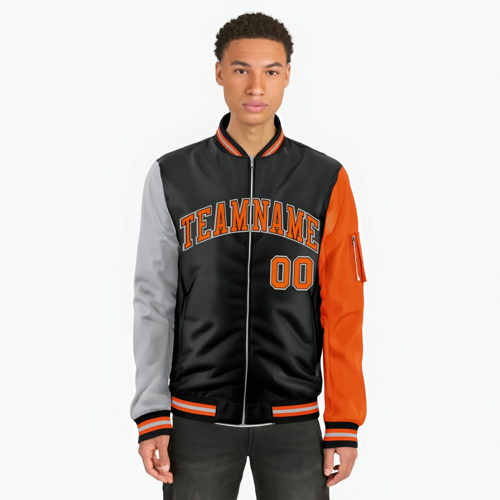 Custom Black Orange-Gray Varsity Full-Zip Raglan Sleeves Letterman Bomber Jacket