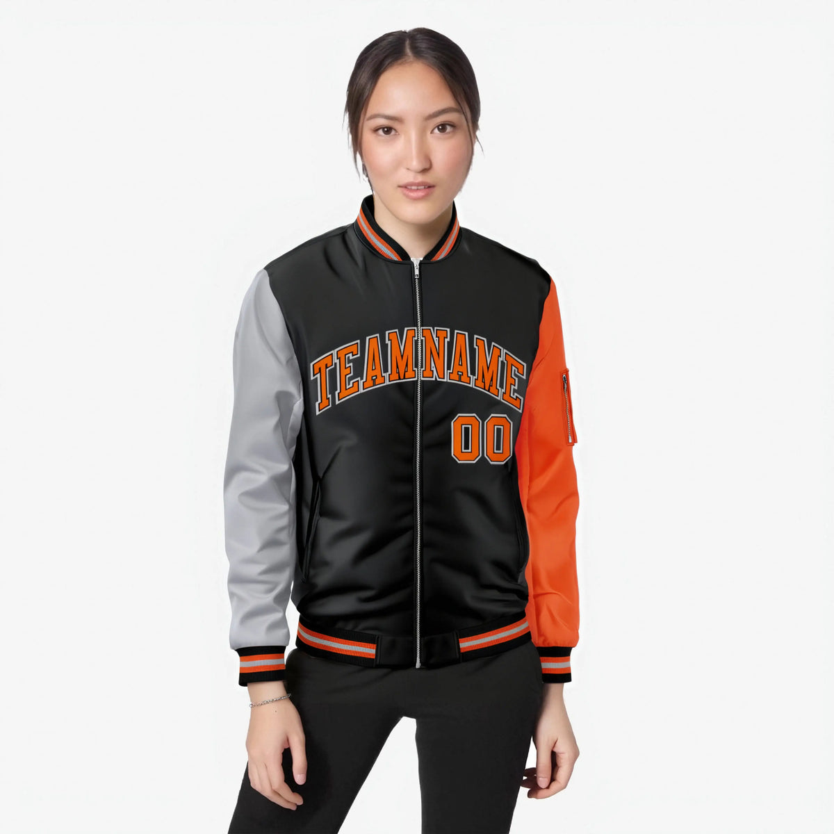 Custom Black Orange-Gray Varsity Full-Zip Raglan Sleeves Letterman Bomber Jacket