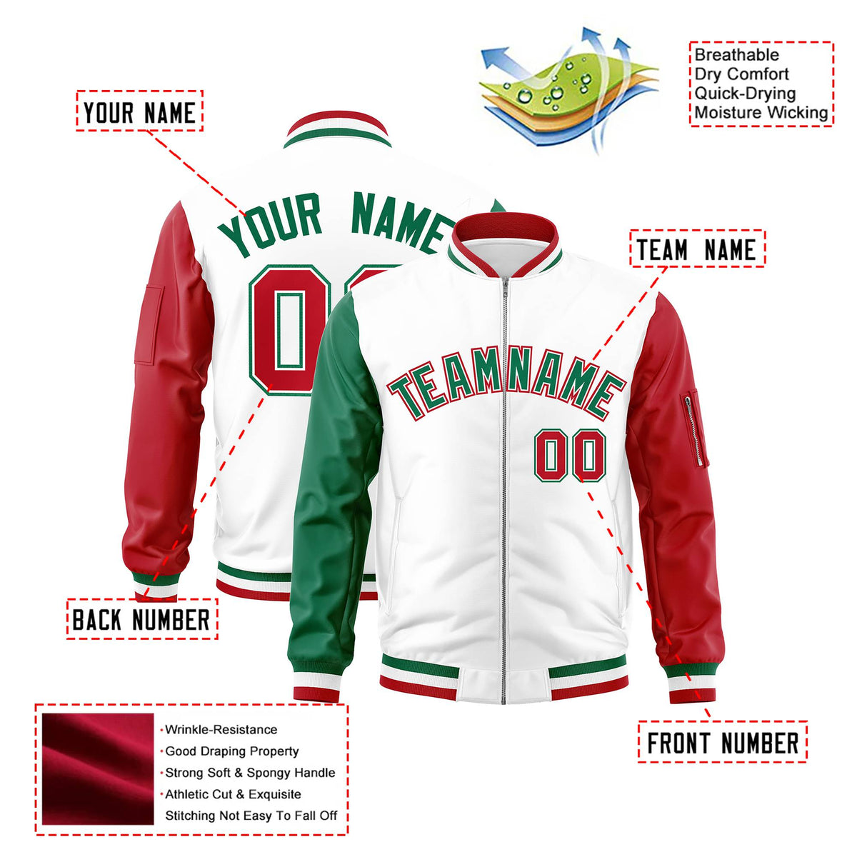 Custom White Red-Green Varsity Full-Zip Raglan Sleeves Letterman Bomber Jacket
