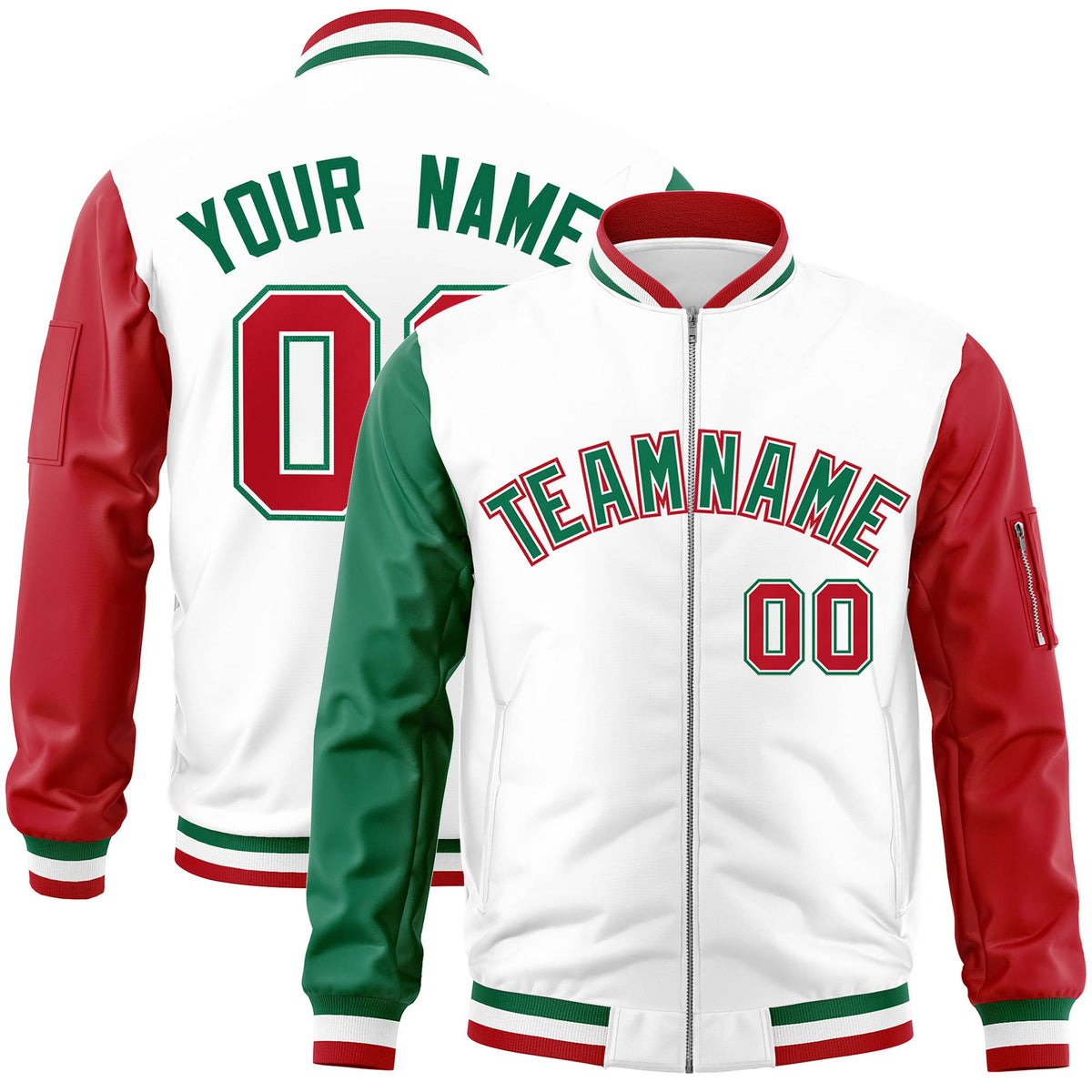 Custom White Red-Green Varsity Full-Zip Raglan Sleeves Letterman Bomber Jacket