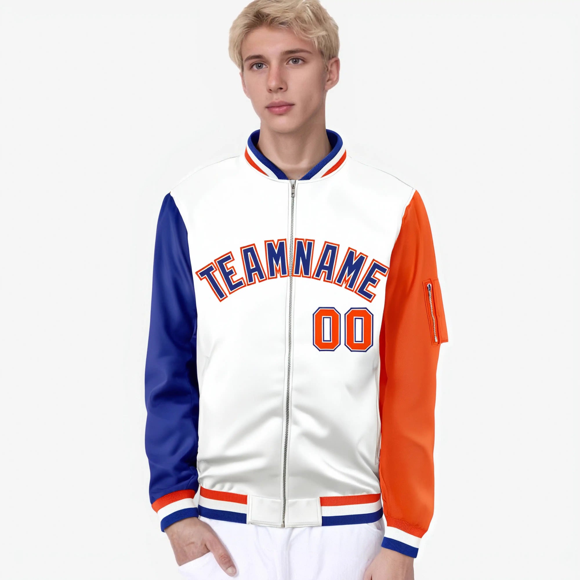 Custom White Orange-Royal Blue Varsity Full-Zip Raglan Sleeves Letterman Bomber Jacket