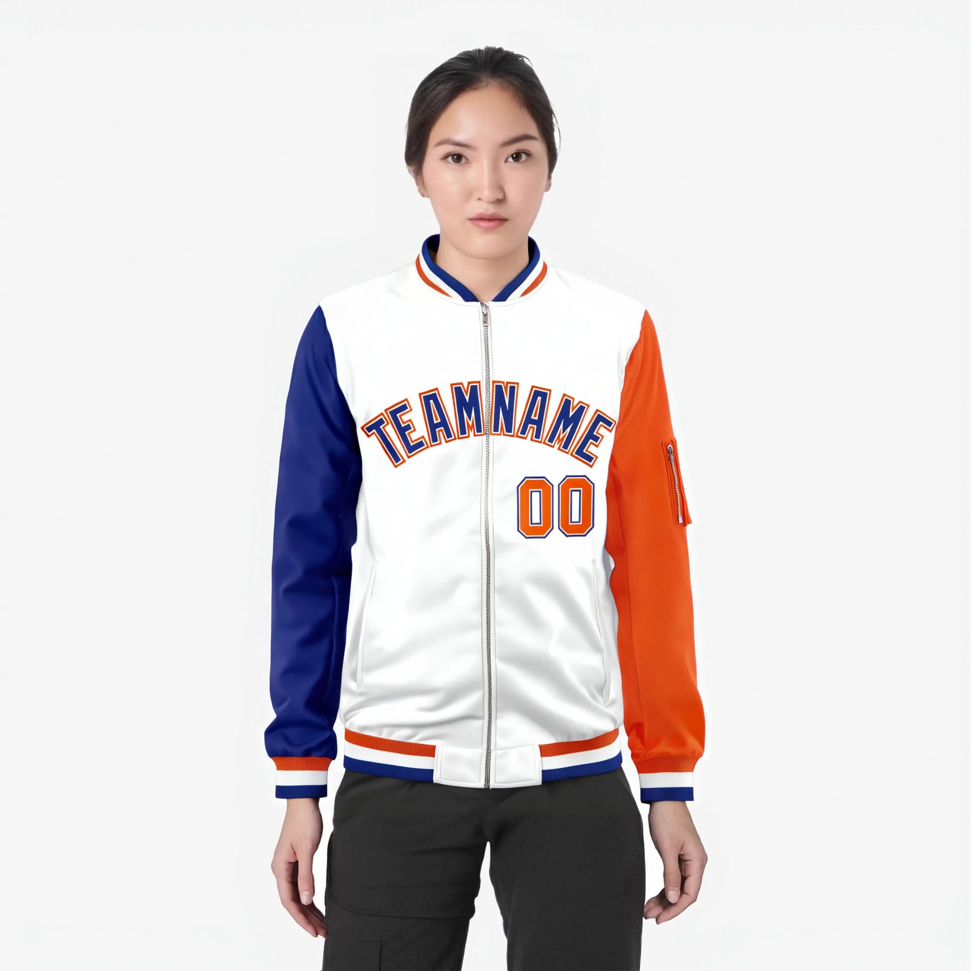 Custom White Orange-Royal Blue Varsity Full-Zip Raglan Sleeves Letterman Bomber Jacket