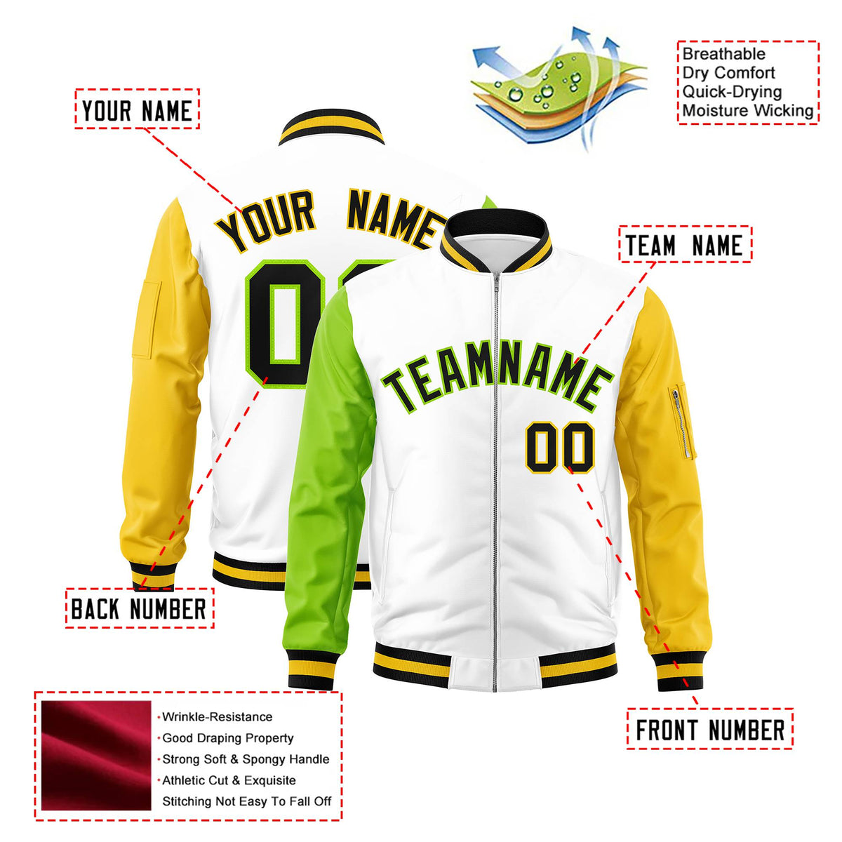 Custom White Gold-Neon Green Varsity Full-Zip Raglan Sleeves Letterman Bomber Jacket