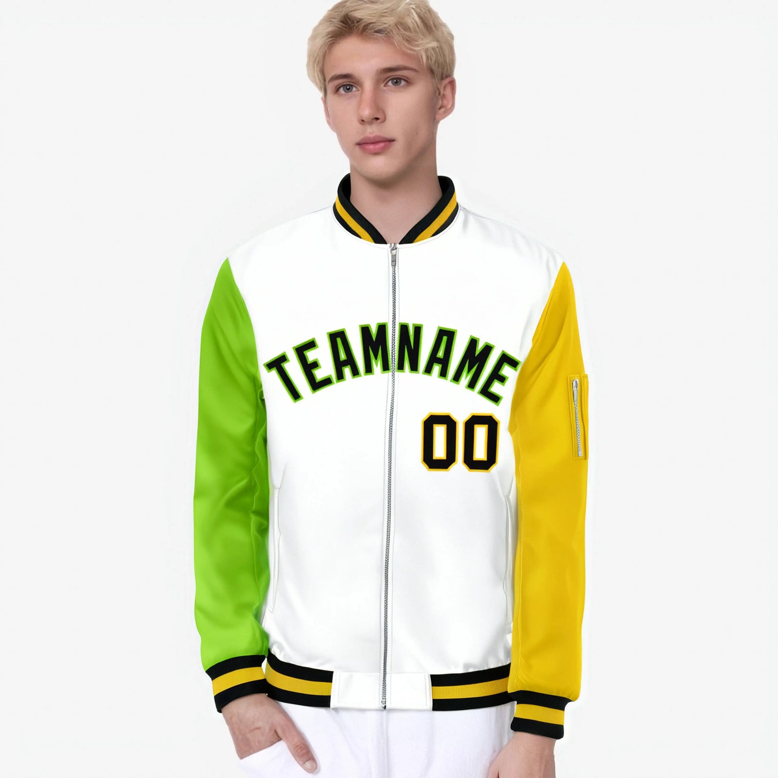 Custom White Gold-Neon Green Varsity Full-Zip Raglan Sleeves Letterman Bomber Jacket