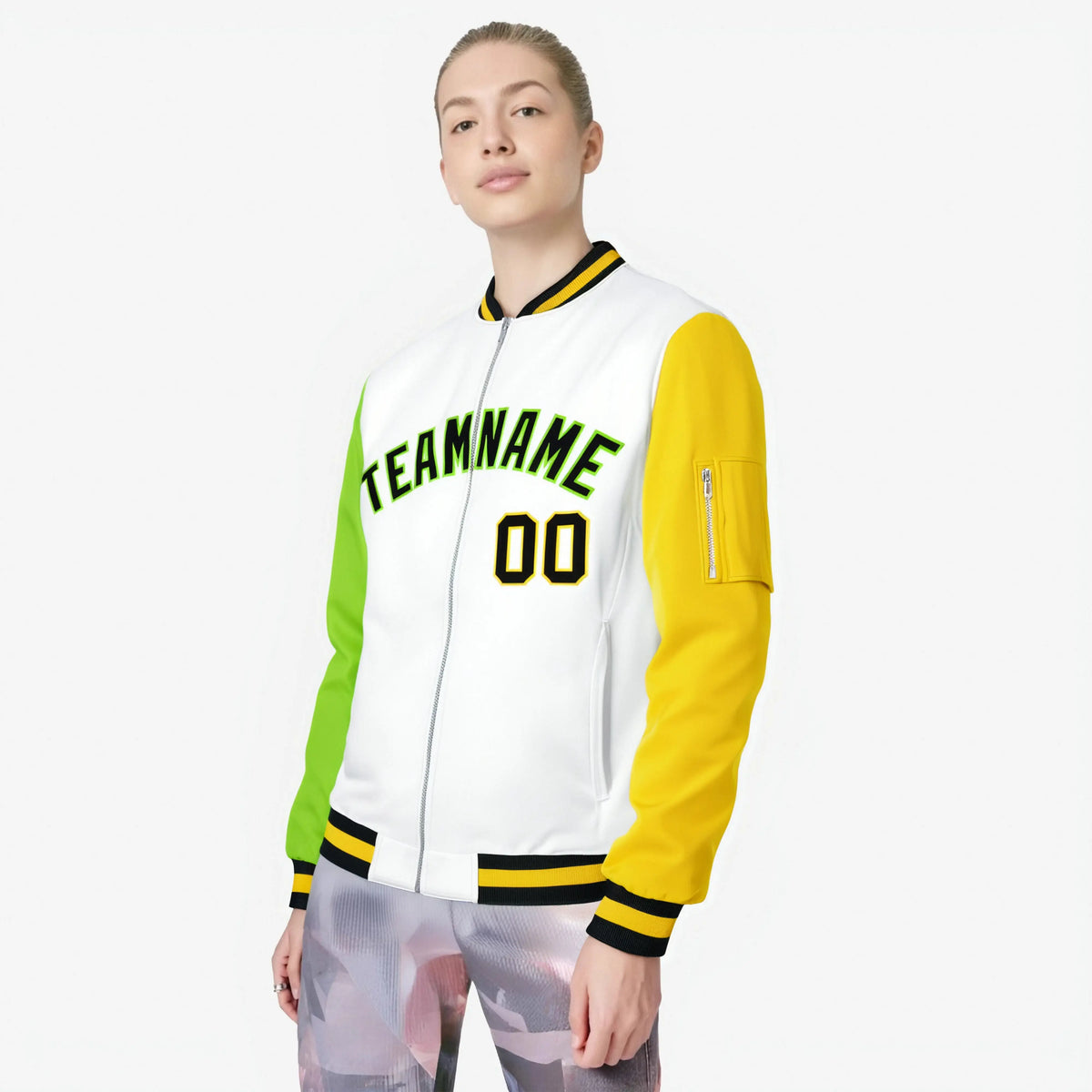 Custom White Gold-Neon Green Varsity Full-Zip Raglan Sleeves Letterman Bomber Jacket