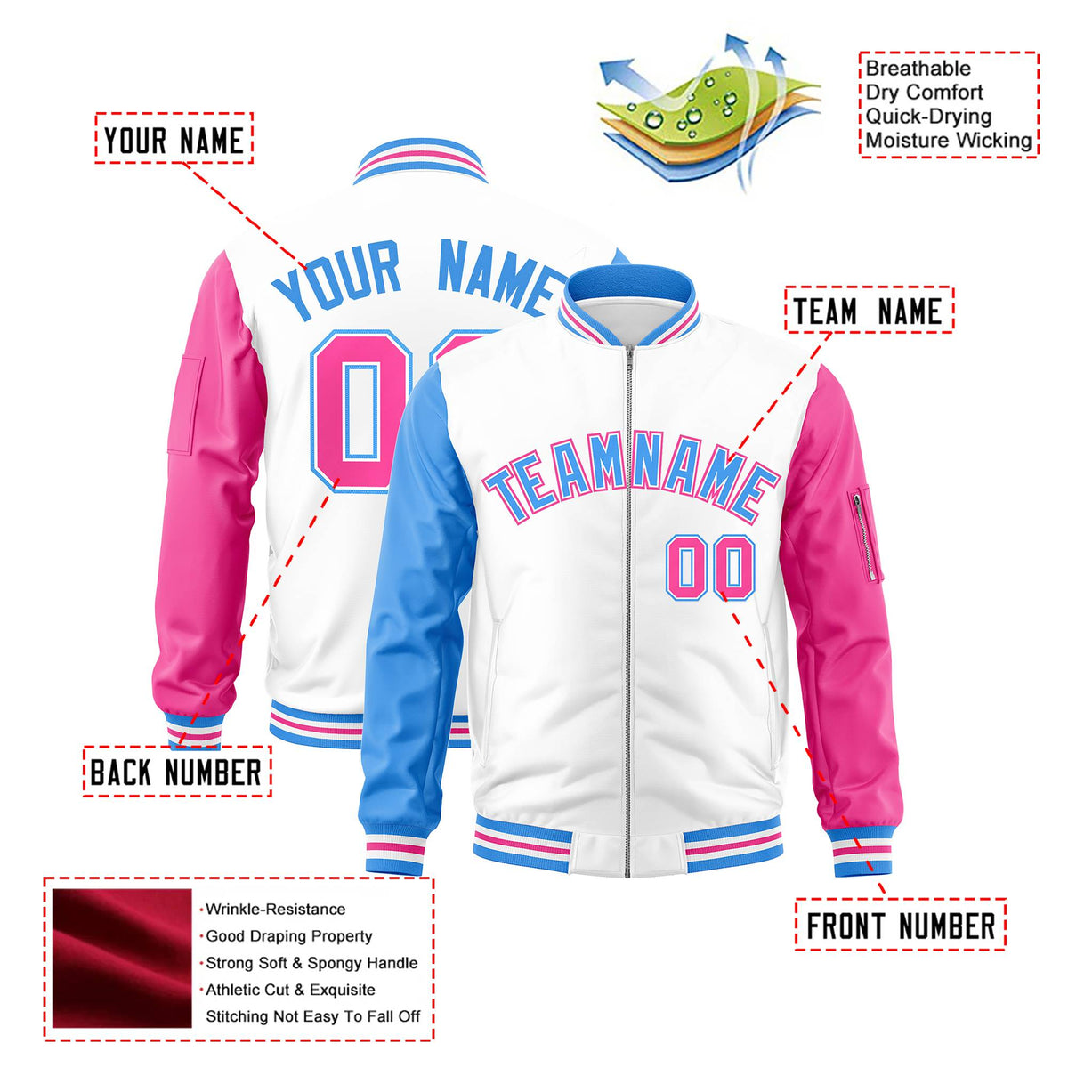 Custom White Pink-Powder Blue Varsity Full-Zip Raglan Sleeves Letterman Bomber Jacket