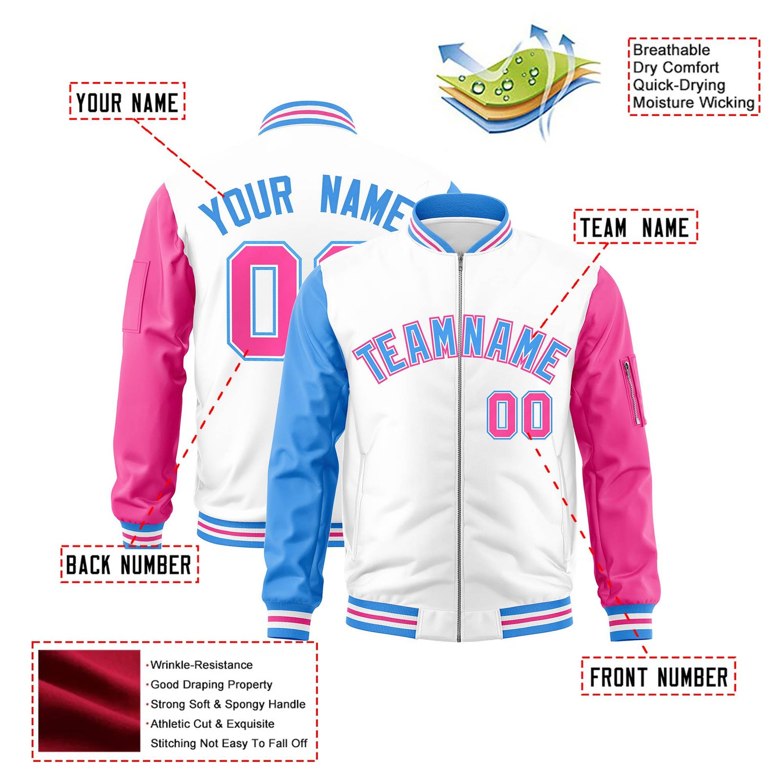 Custom White Pink-Powder Blue Varsity Full-Zip Raglan Sleeves Letterman Bomber Jacket