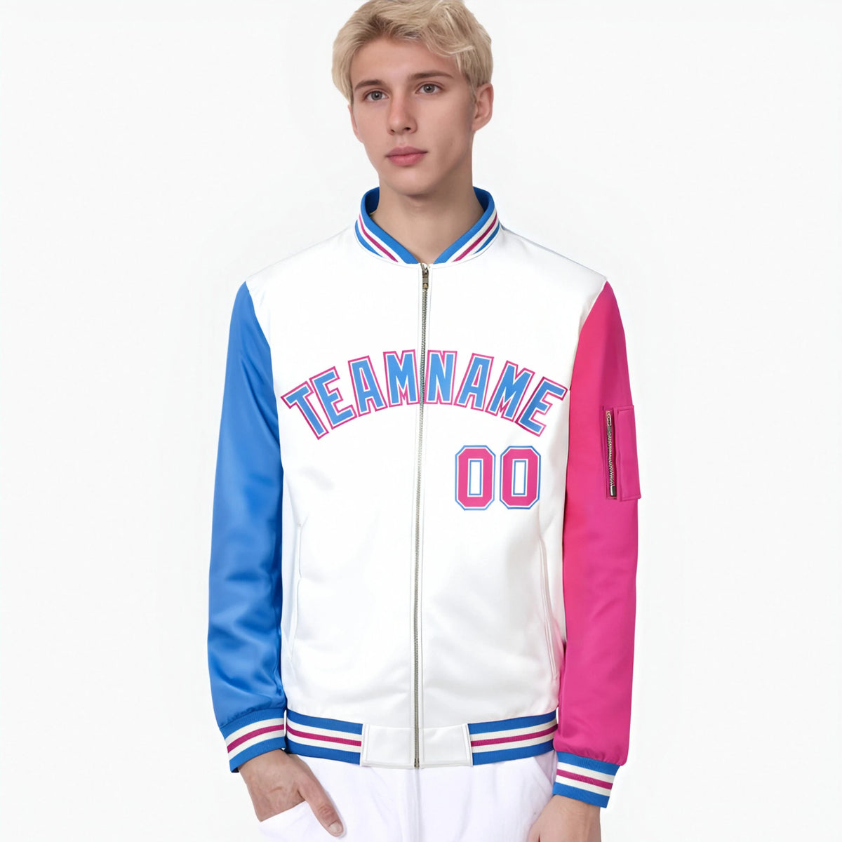 Custom White Pink-Powder Blue Varsity Full-Zip Raglan Sleeves Letterman Bomber Jacket