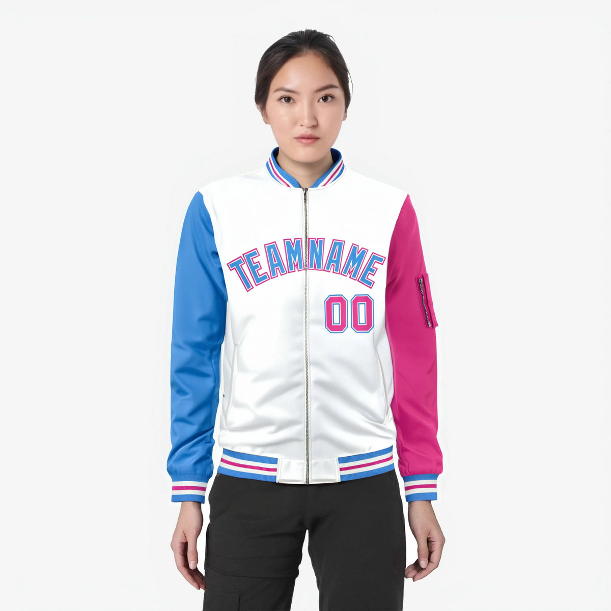 Custom White Pink-Powder Blue Varsity Full-Zip Raglan Sleeves Letterman Bomber Jacket