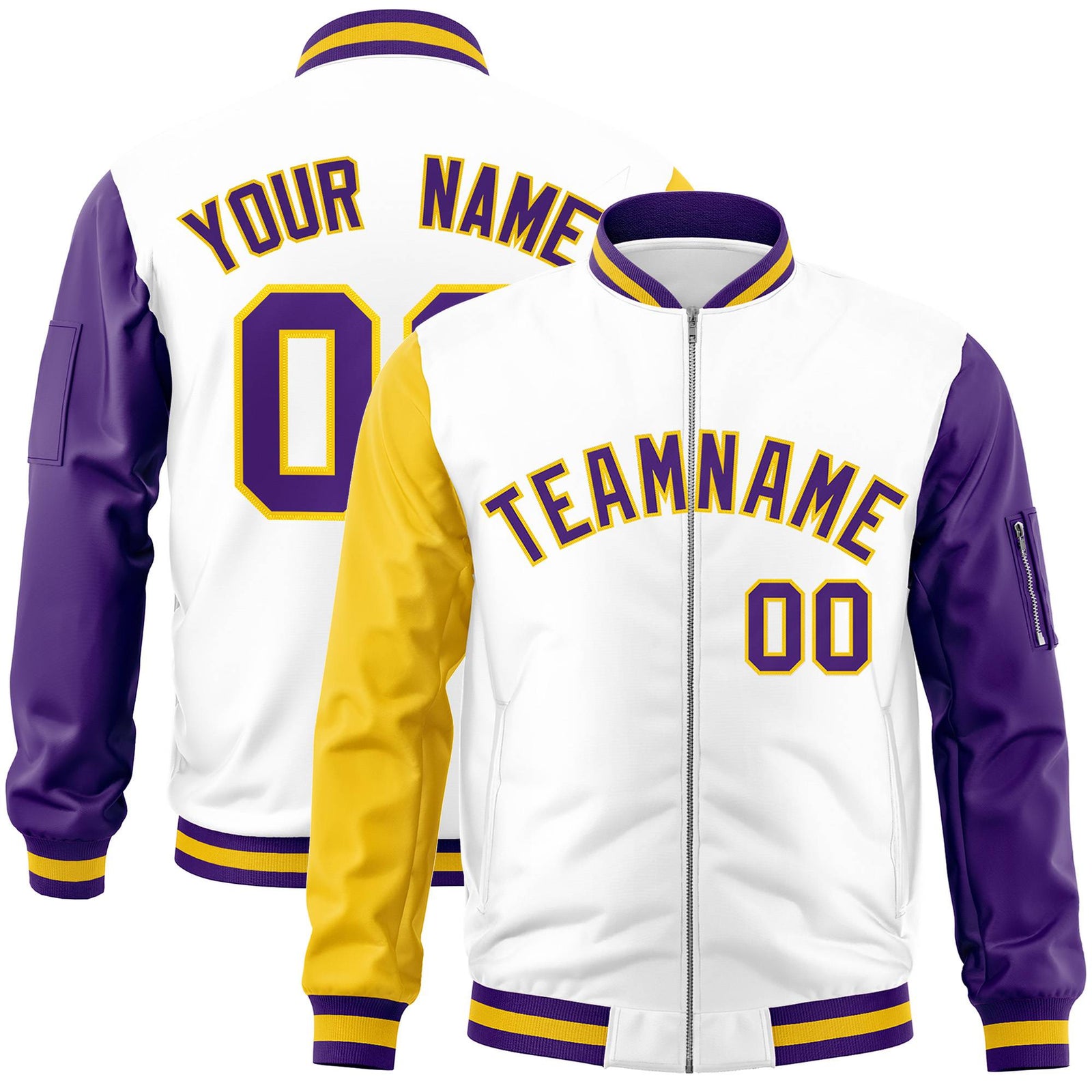Custom White Gold-Purple Varsity Full-Zip Raglan Sleeves Letterman Bomber Jacket