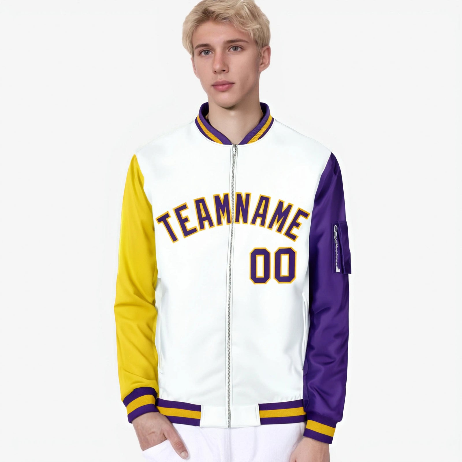 Custom White Gold-Purple Varsity Full-Zip Raglan Sleeves Letterman Bomber Jacket