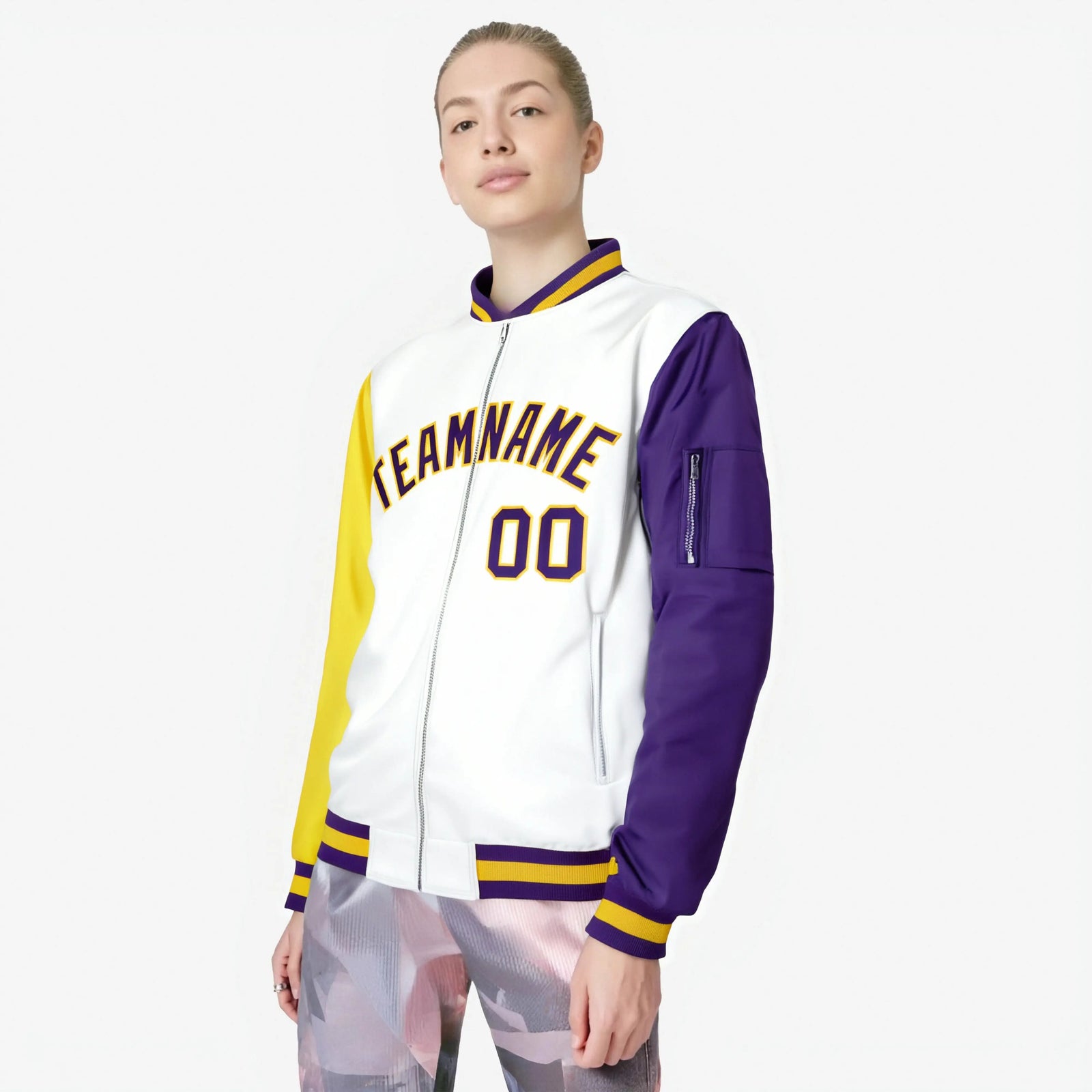 Custom White Gold-Purple Varsity Full-Zip Raglan Sleeves Letterman Bomber Jacket