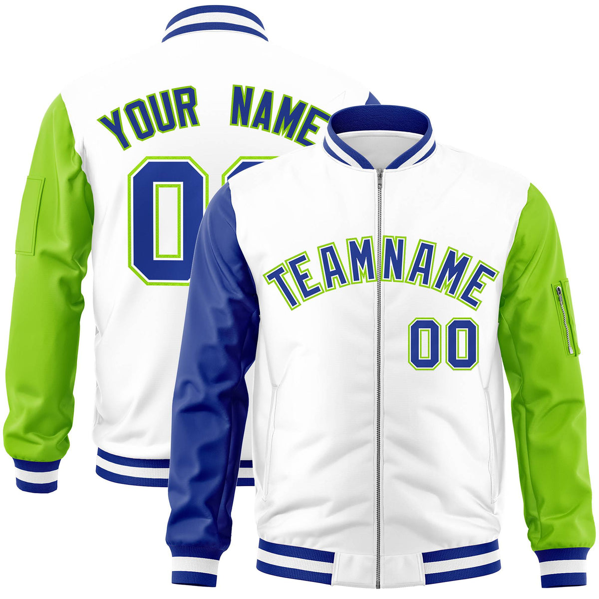 Custom White Neon Green-Royal Blue Varsity Full-Zip Raglan Sleeves Letterman Bomber Jacket